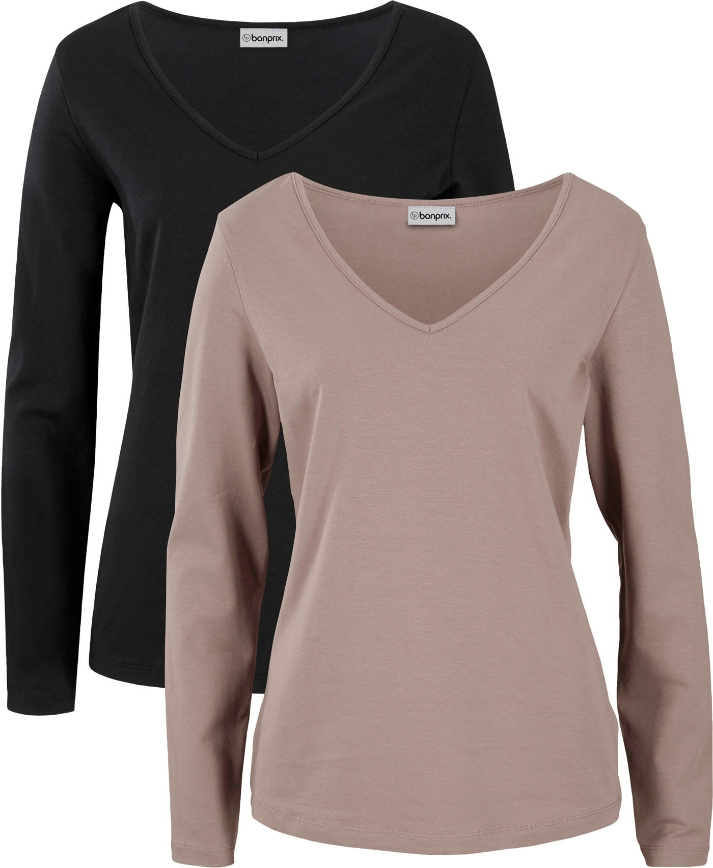 bonprix Langarmshirt "Figurbetontes Langarmshirt (2er Pack)" Packung, 2 Stk. Slim fit Passform, mit V-Ausschnitt, aus Baumwolle und Elasthan