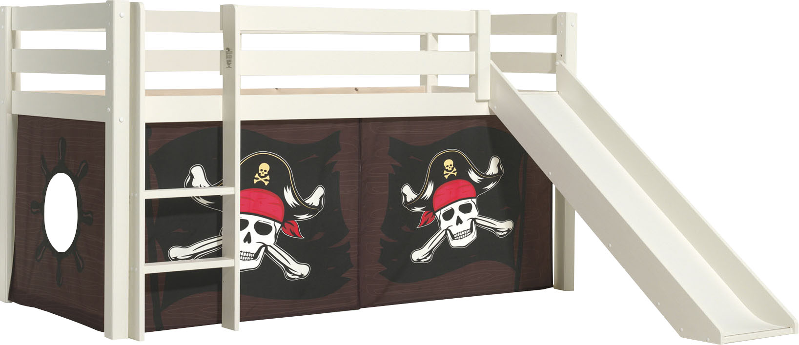 Vipack Spielbett "Pino, Kiefer massiv, mit Rolllattenrost u. Textil-Set, Made in Europe" B/H/T ca. 210x114x218cm, mit Absturzschutz, Leiter und Rutsche, verschiedene Textil-Designs und Holzfarben zur Wahl