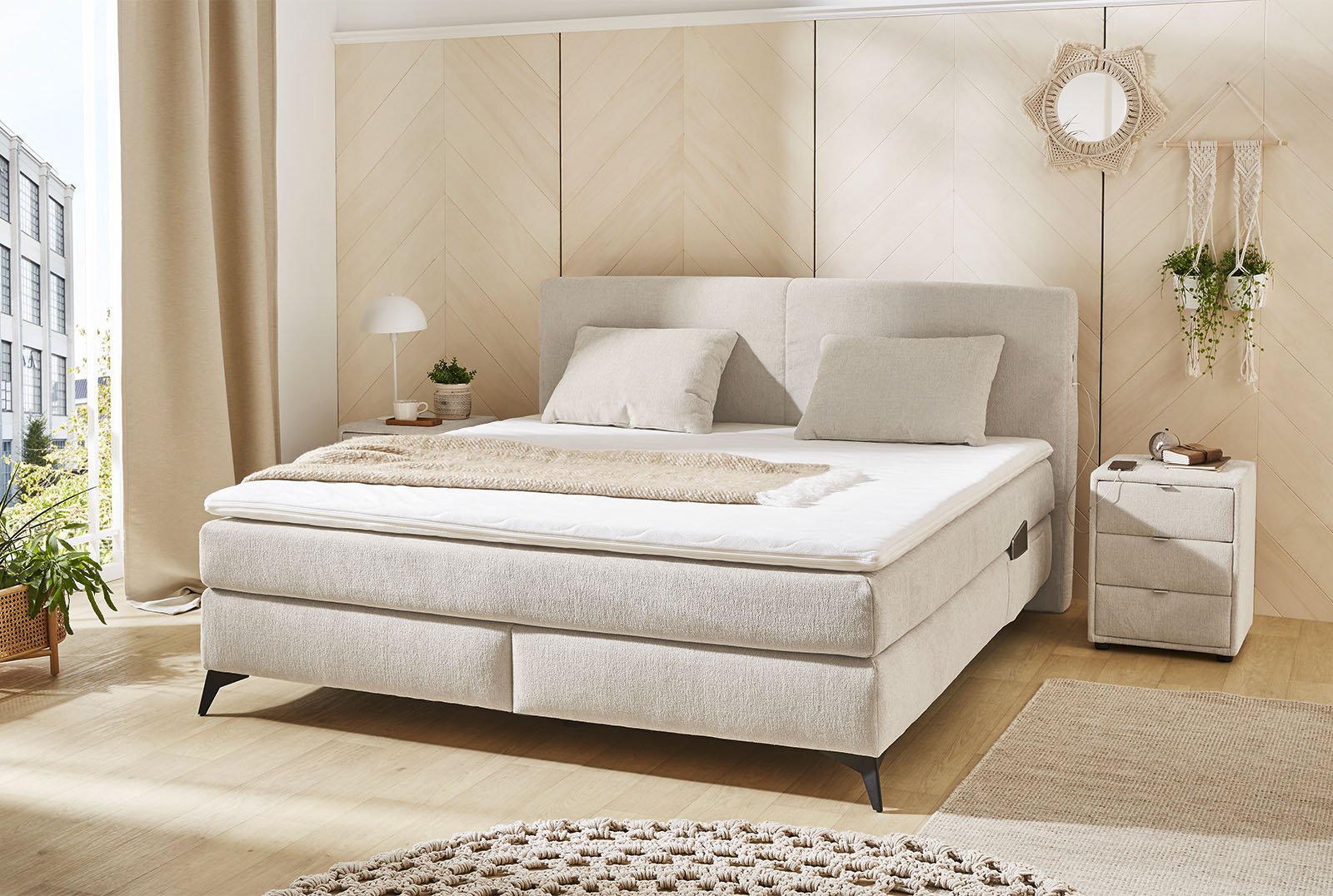 Jockenhöfer Gruppe Boxspringbett "KIRA, mit Taschenfederkernmatratze H3-H4 und Kaltschaum-Topper" inkl. LED-Beleuchtung & USB-Ladeports, Chenille Stoff, 160/180x200cm