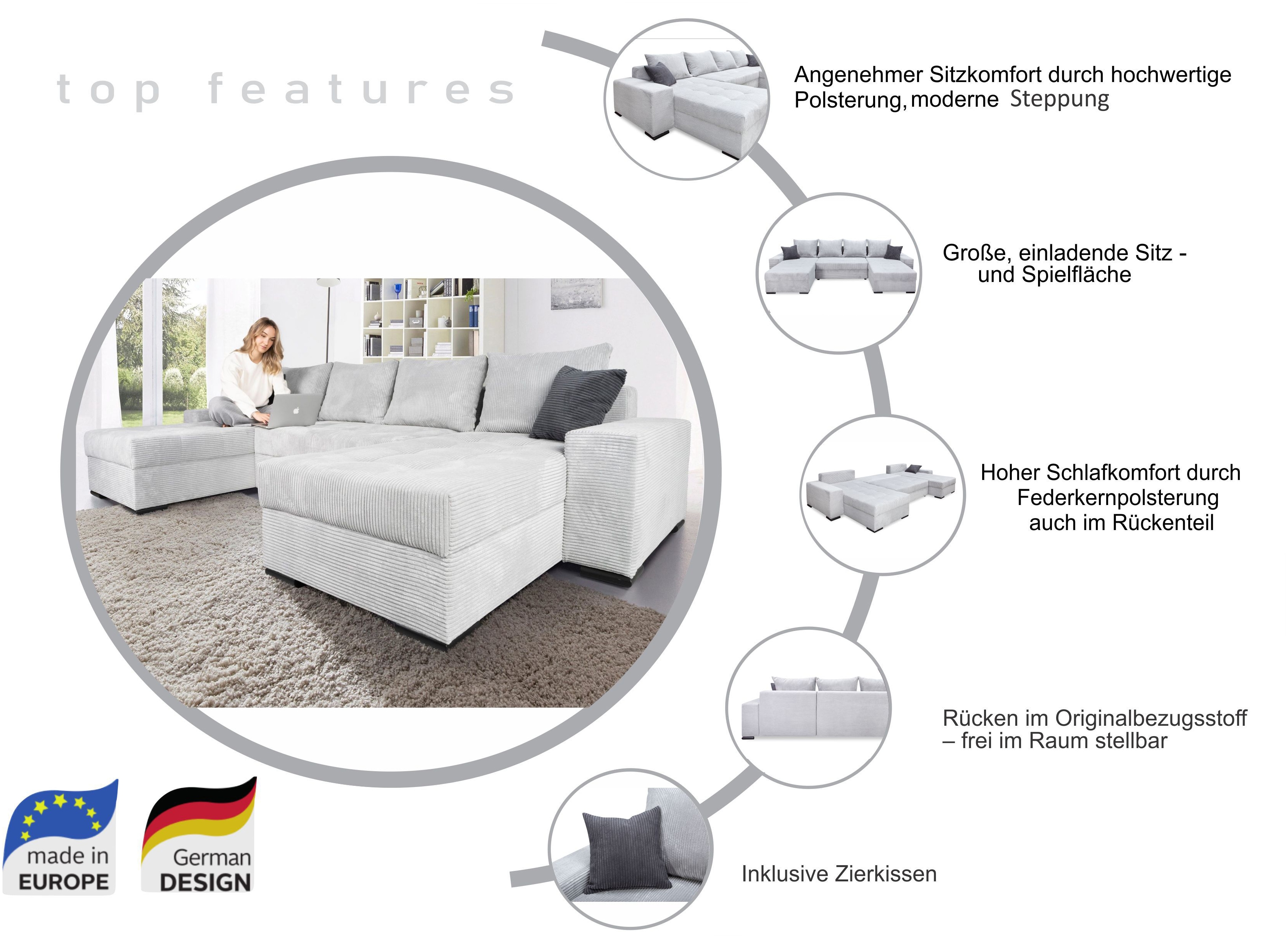 Thumbnail - COLLECTION AB Wohnlandschaft "Josy XL U-Form, B: 313 cm in Cord, Cord-Mix" mit Bettfunktion, Bettkasten & 2 Zierkissen, ...