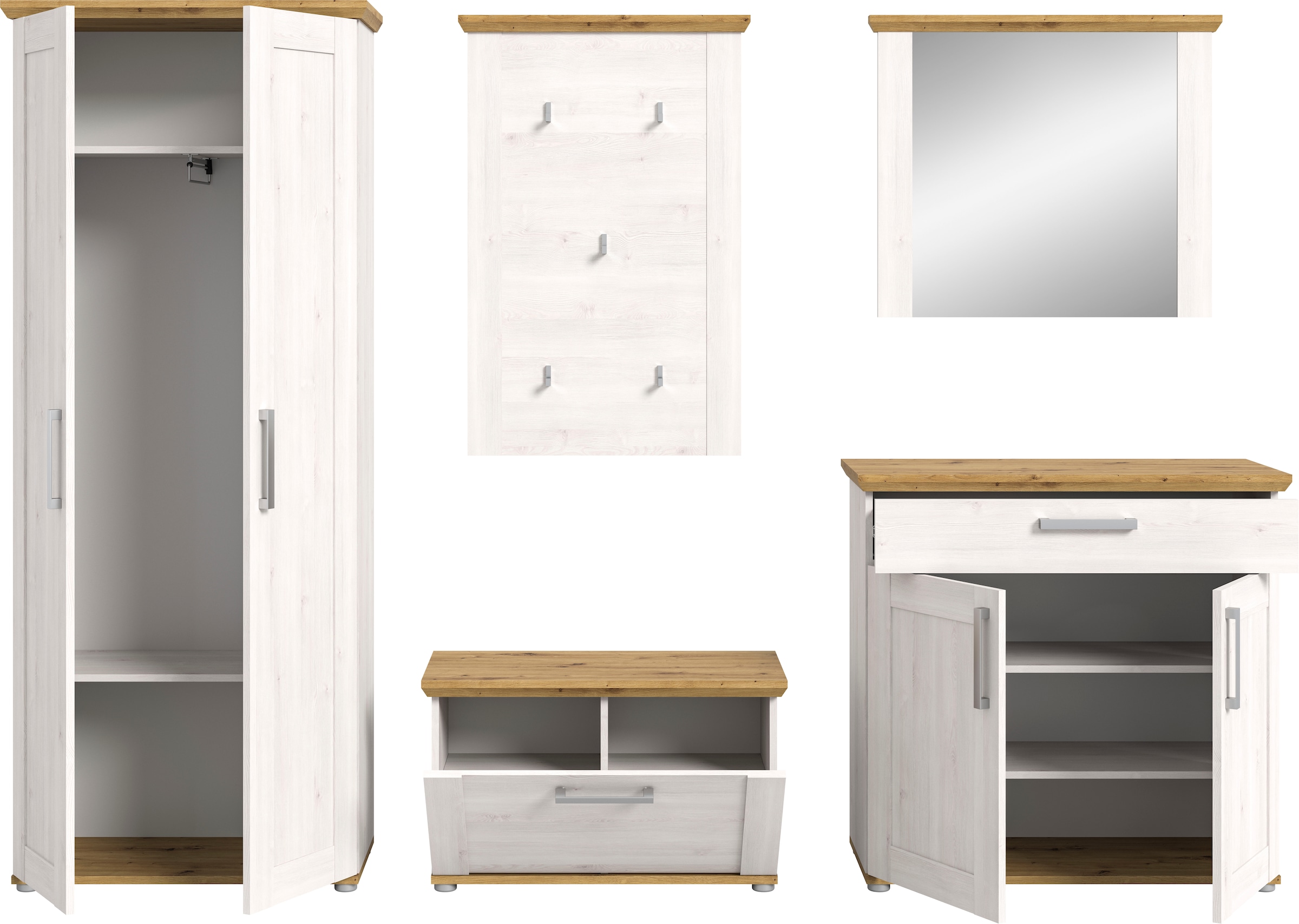 Home affaire Garderoben-Set »Cosenza, Breite ca. 285 cm, 2-farbig, 5-teilig, bestehend aus:«, (5 St.), Garderobenschrank, Sitzbank, Garderobenpaneel, Schuhschrank, Spiegel