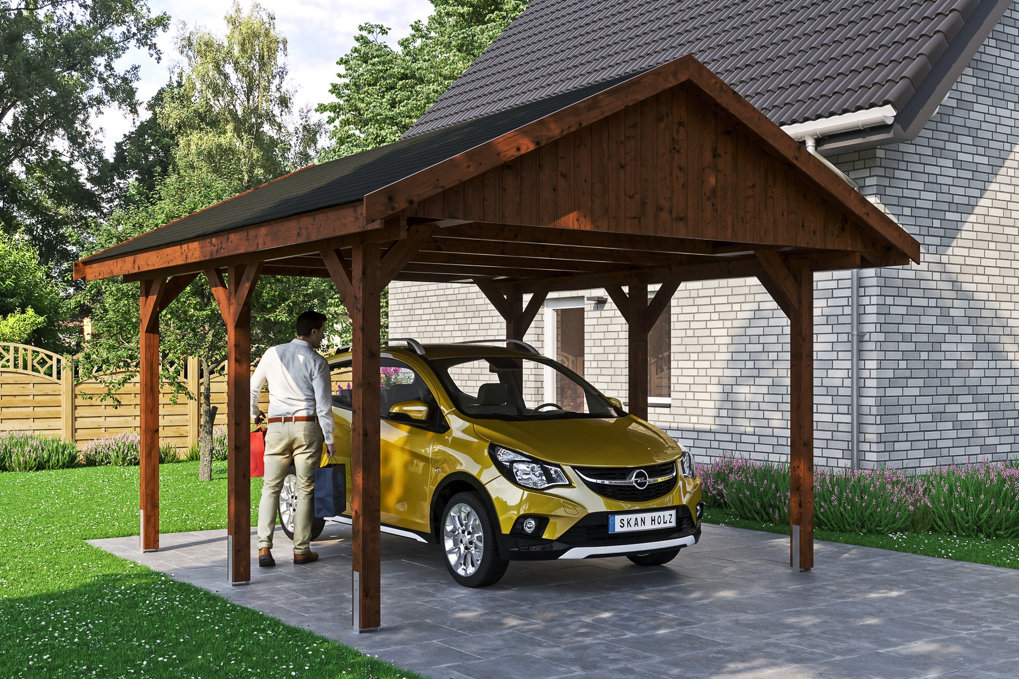 Skanholz Einzelcarport »Wallgau«, Nadelholz, 340 cm, Nussbaum, mit schwarzen Dachschindeln