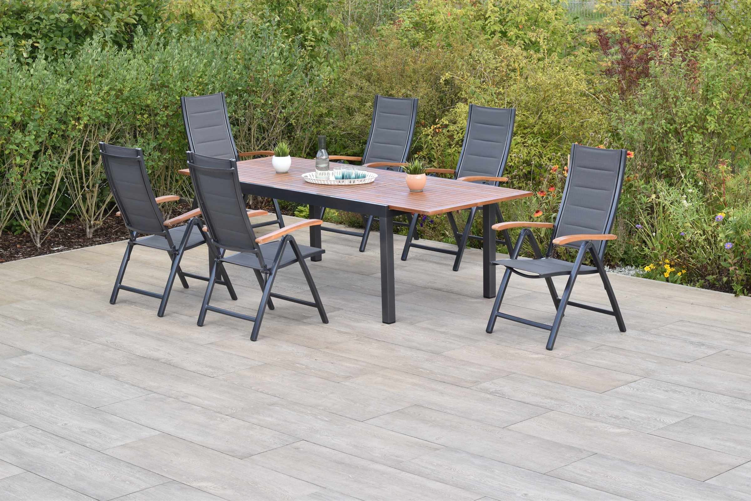 MERXX Garten-Essgruppe »»Paxos««, (Set, 7 tlg., 5-fach verstellbare Rückenlehne, gepolsterte Sitz- und Rückenfläche), Ausziehtisch: LxB: 180-250 x 100 cm