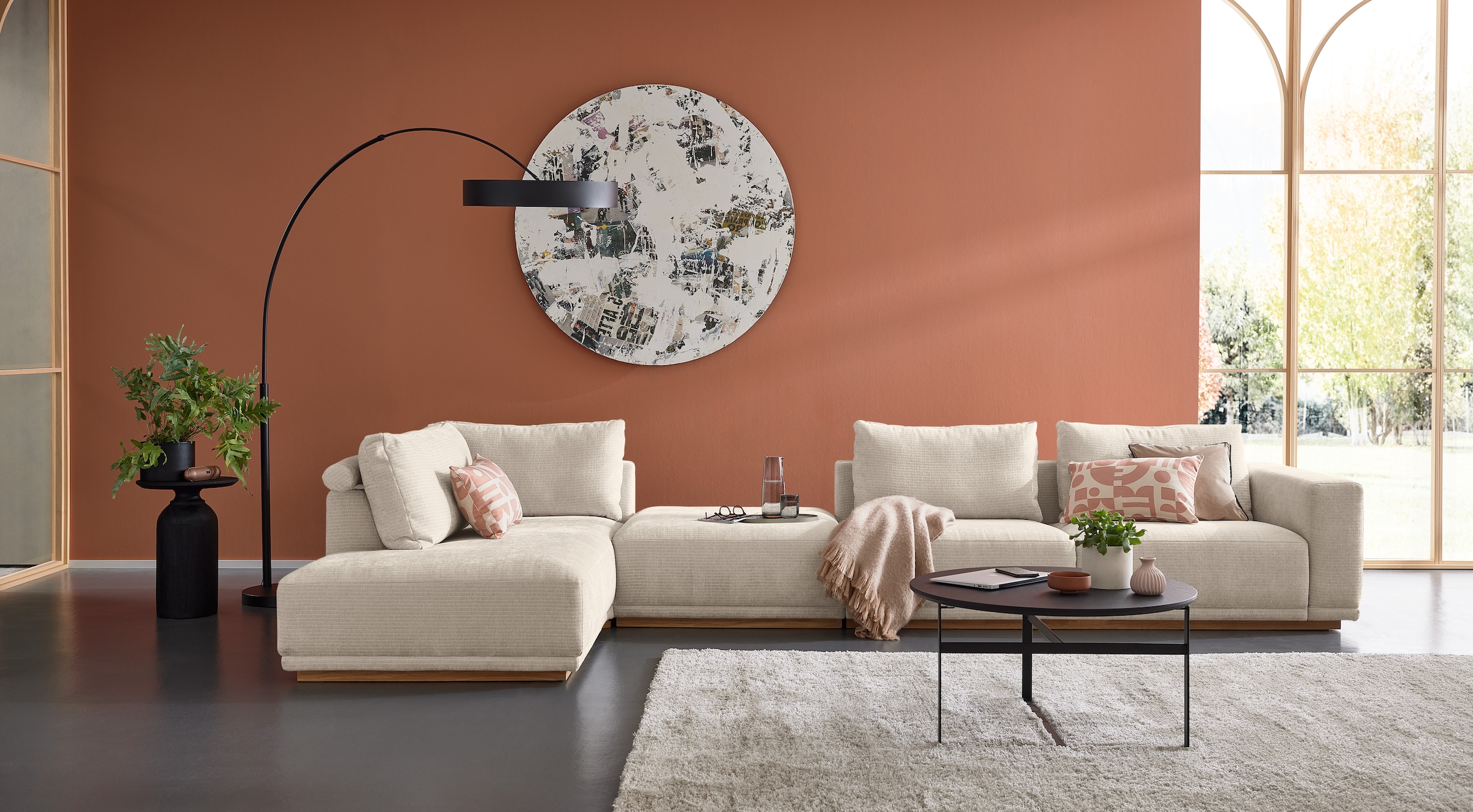 Musterring Wohnlandschaft "JustB PM200 bequem, wahlw. Sitzvorzug, Breite 395cm, Holzsockel" Anreihsofa Armlehne rechts, Eckteil links und Hocker. Ohne Sitzvorzug