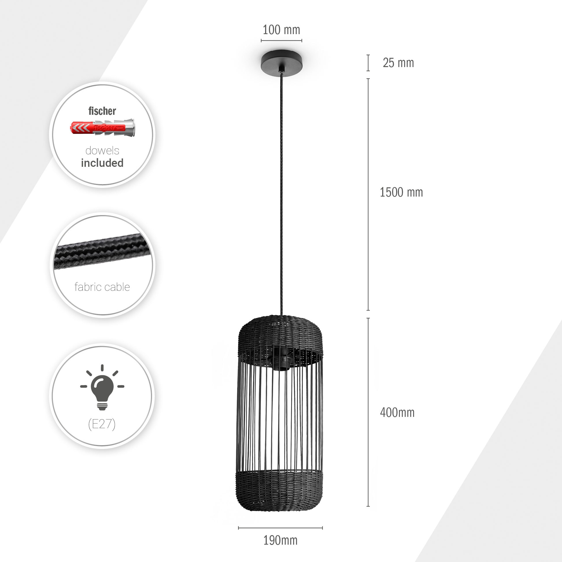 Paco Home Pendelleuchte »PUSTA«, Leuchtmittel E27 | ohne Leuchtmittel, Rattan Esszimmer Lampe Pendelleuchte Boho Zylinder Rustikal E27