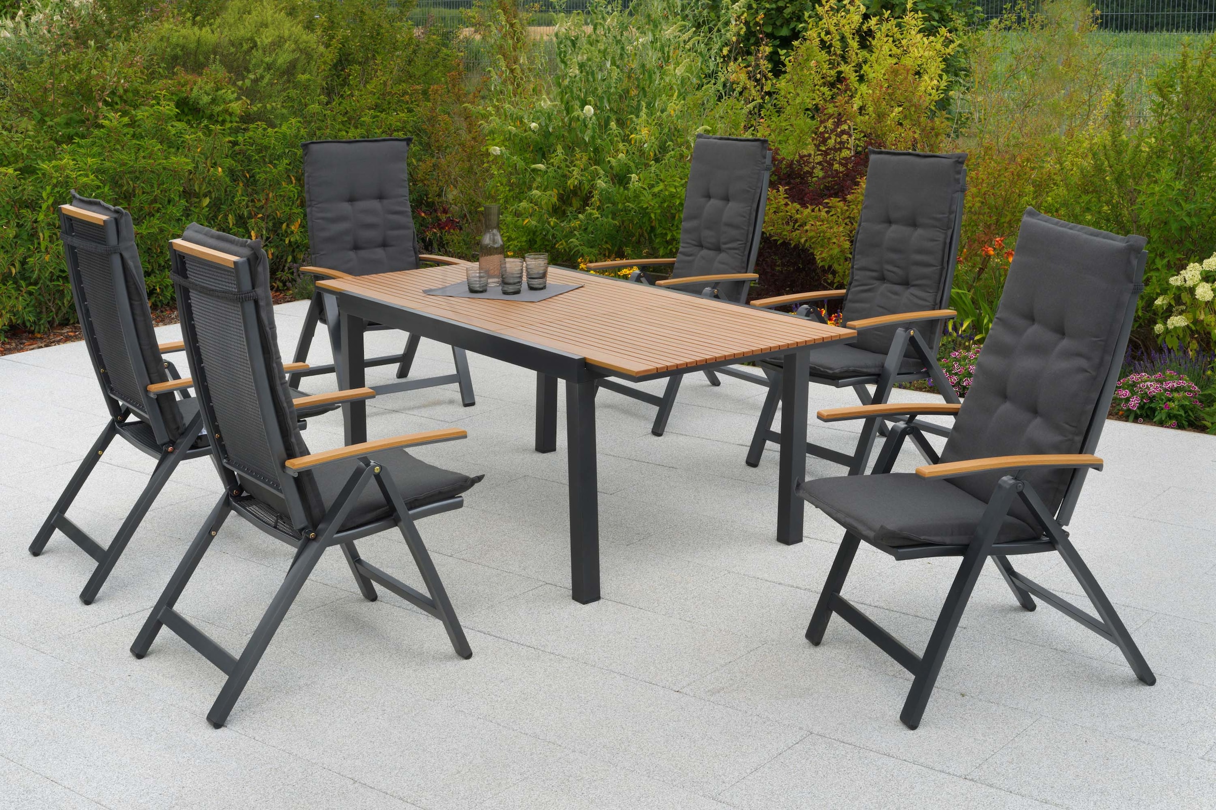MERXX Garten-Essgruppe »Itanos« Set, 13 tlg. inkl. 6 Klappsessel, 6 Auflagen, 1 Ausziehtisch