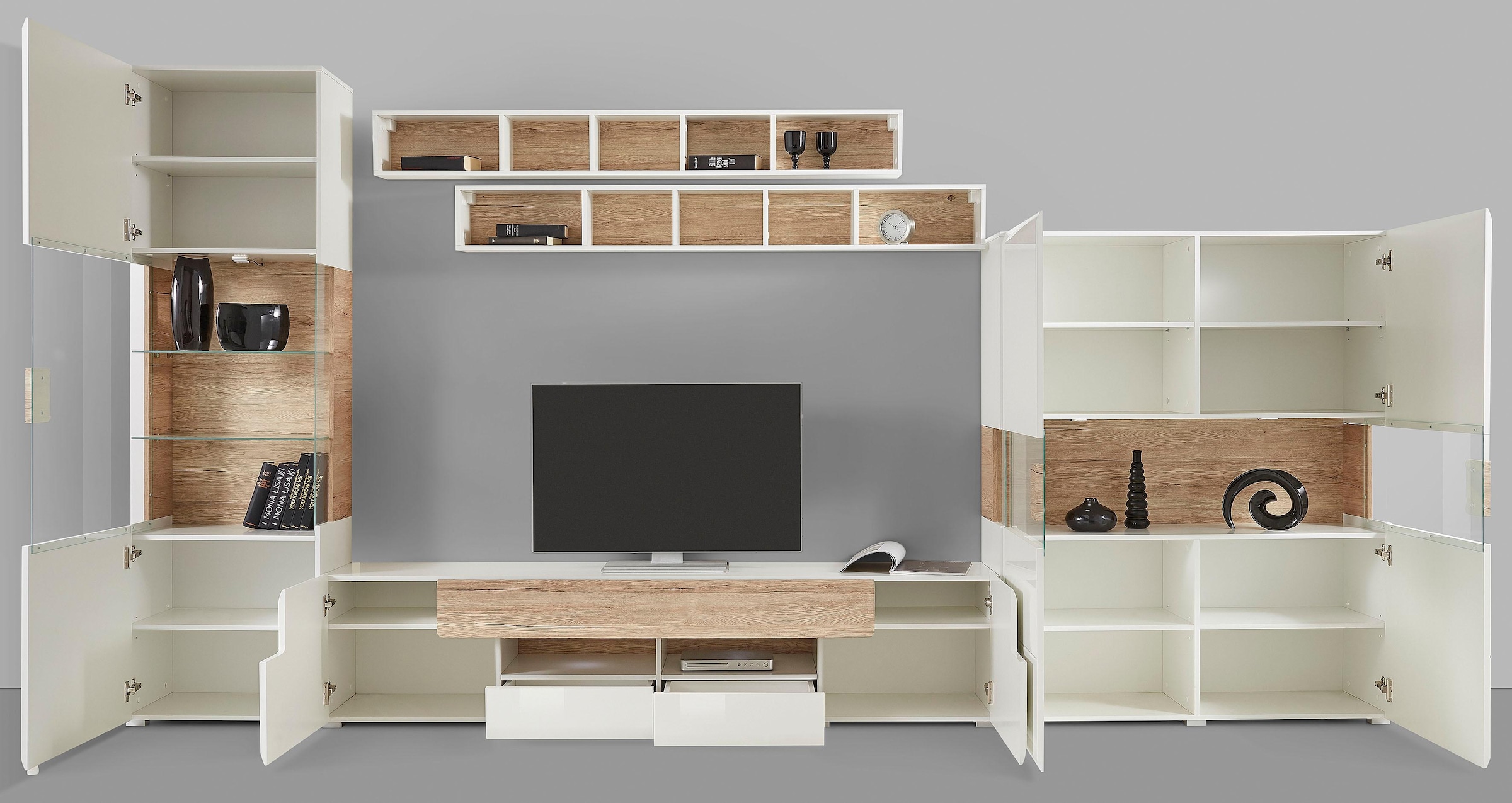 INOSIGN Wohnwand »Toledo,Breite 391cm stilvolle Mediawand ohne Beleuchtung«, (Set, 5 St.), Anbauwand(Vitrine,Lowboard,Highboard,2xHängeregal)MDF Hochglanzfronten