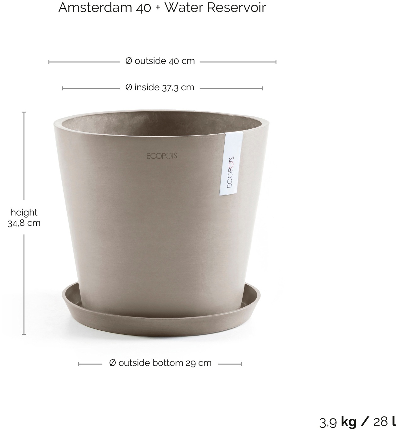 ECOPOTS Blumentopf »Amsterdam 40 + Wassersystem Taupe«, für innen und außen: frostsicher, bruchsicher und lichtbeständig