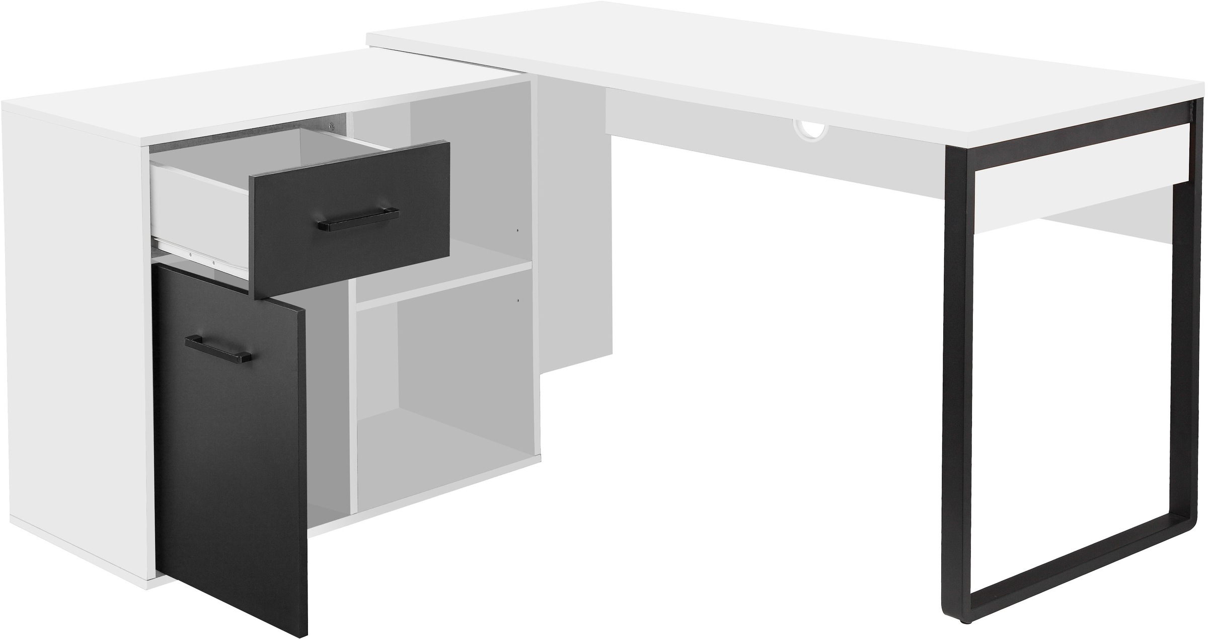 Places of Style Eckschreibtisch »Moid, Computertisch, Kabeldurchlass, mit Regalfächern,«, Schublade und Tür, flexibles Regalelement, 140x82-115 cm