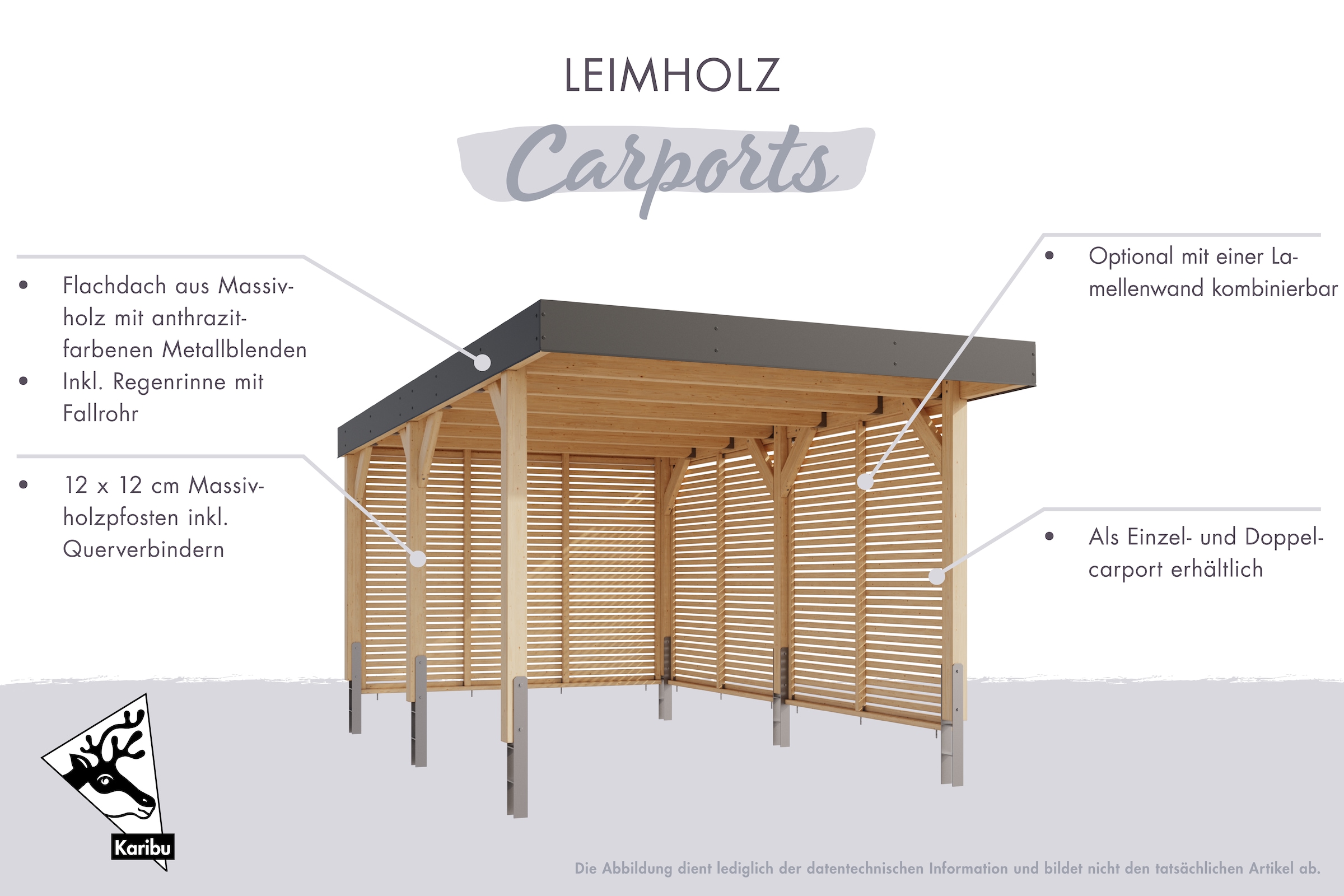 Karibu Doppelcarport, Leimholz, 528 cm, naturbelassen, aus kesseldruckimprägniertem Massivholz