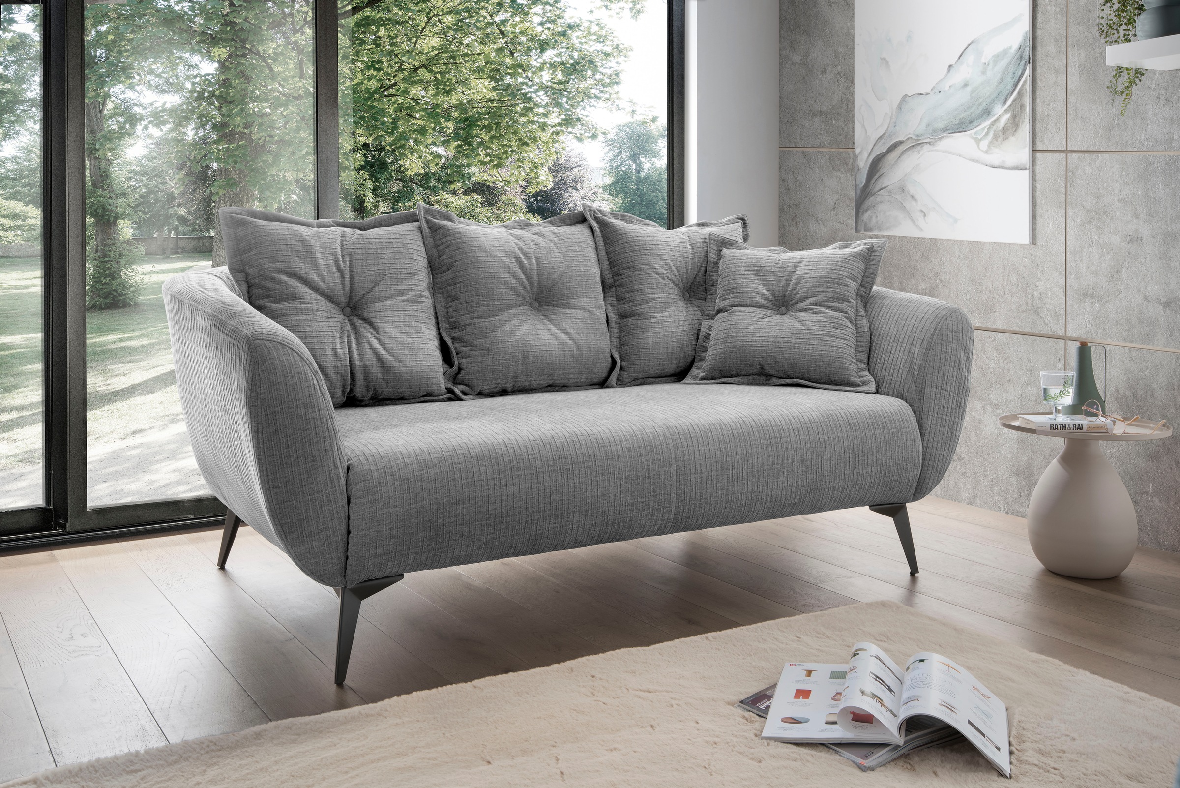 2,5-Sitzer HOME AFFAIRE, B:196cm H:94cm T:103cmgrau, 100% Polyester, Sofas, "Baggio, Breite 196 cm zeitlos & elegant, bequem", schwarze Metallfüße