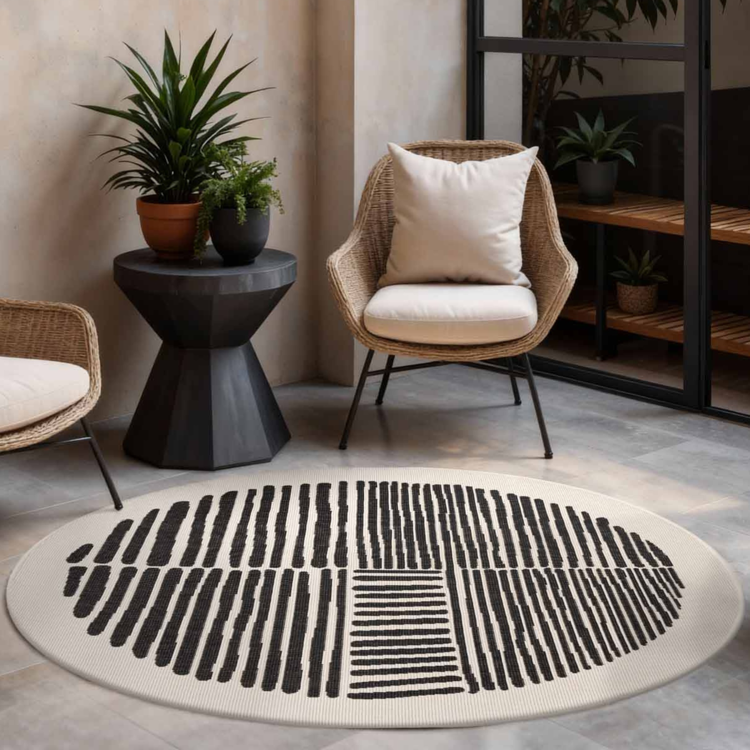 Teppich TED BAKER "Bounds, Wendeteppich", schwarz weiß, H:8mm Ø:200cm, Polypropylen, Teppiche, Teppich, Designteppich, Wetterfest, Pflegeleicht, Modern, Wohnzimmer, Terrasse