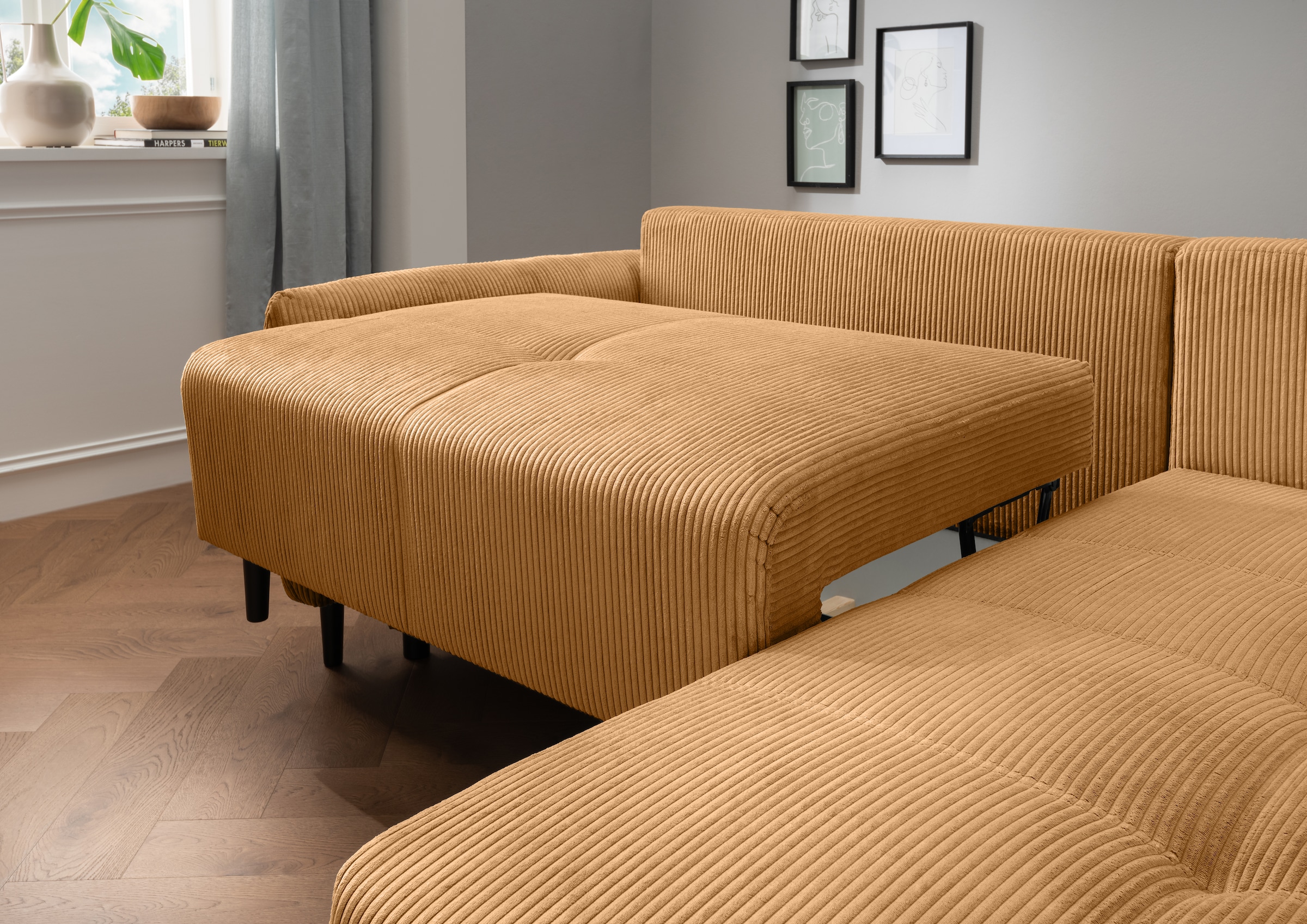 INOSIGN Ecksofa »Mara, L-Form, aktueller Cord Bezug und tolle Farben, schmale Armlehnen«, whlw. mit Bettfunktion,Recamiere links/rechts montierbar, Breite 238cm