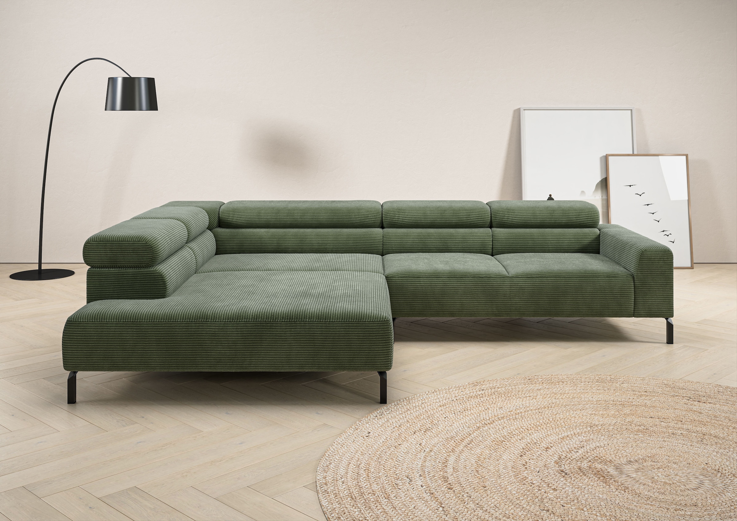 Home affaire Ecksofa "Antonelli, L-Form, incl. Kopfteilverstellung, Breite 312 cm" ohne Sitztiefenverstellung, in Cord, oliv