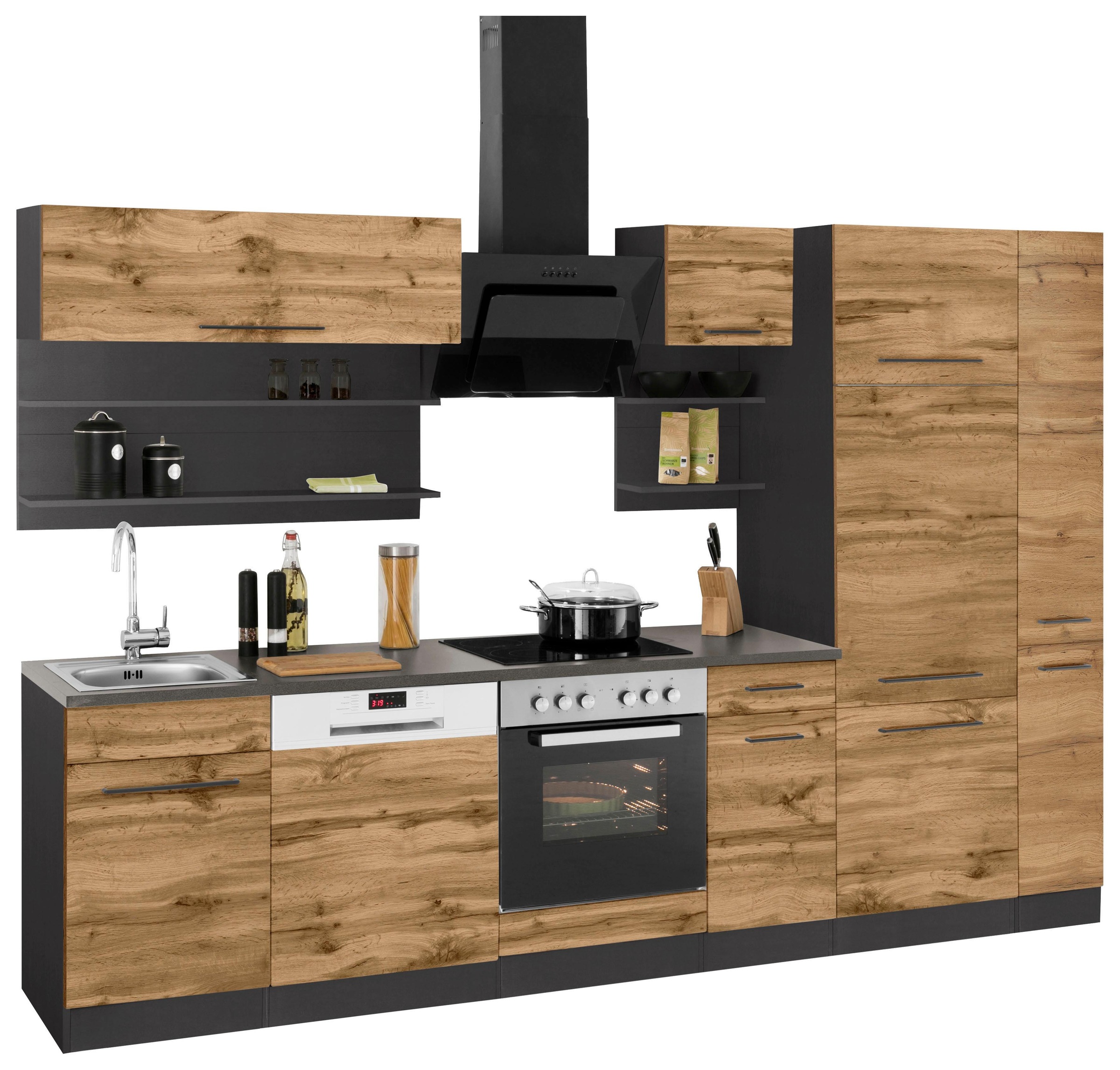 KOCHSTATION Küchenzeile »KS-Tulsa«, ohne E-Geräte, Breite 300 cm, schwarze Metallgriffe, MDF Fronten