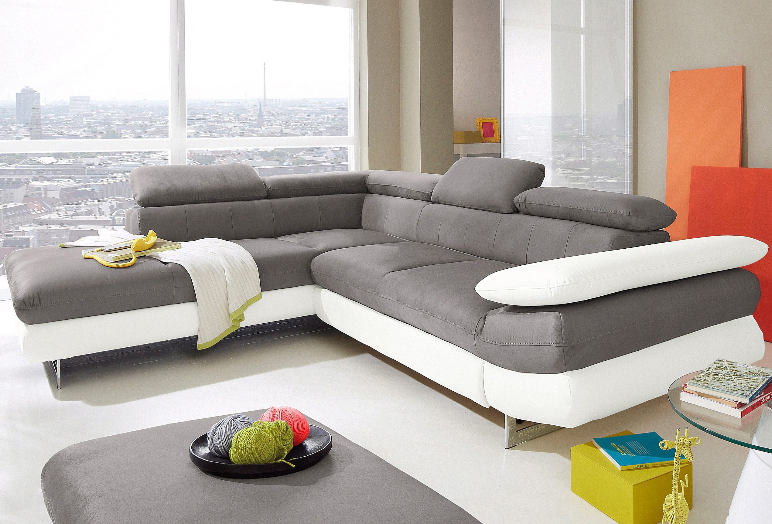 COTTA Ecksofa "Solution L-Form, Design Sofa, bequeme Wellenunterfederung, Design Fuß" mit Arm- & Kopfteilverstellung, wahlweise mit Schlaffunktion