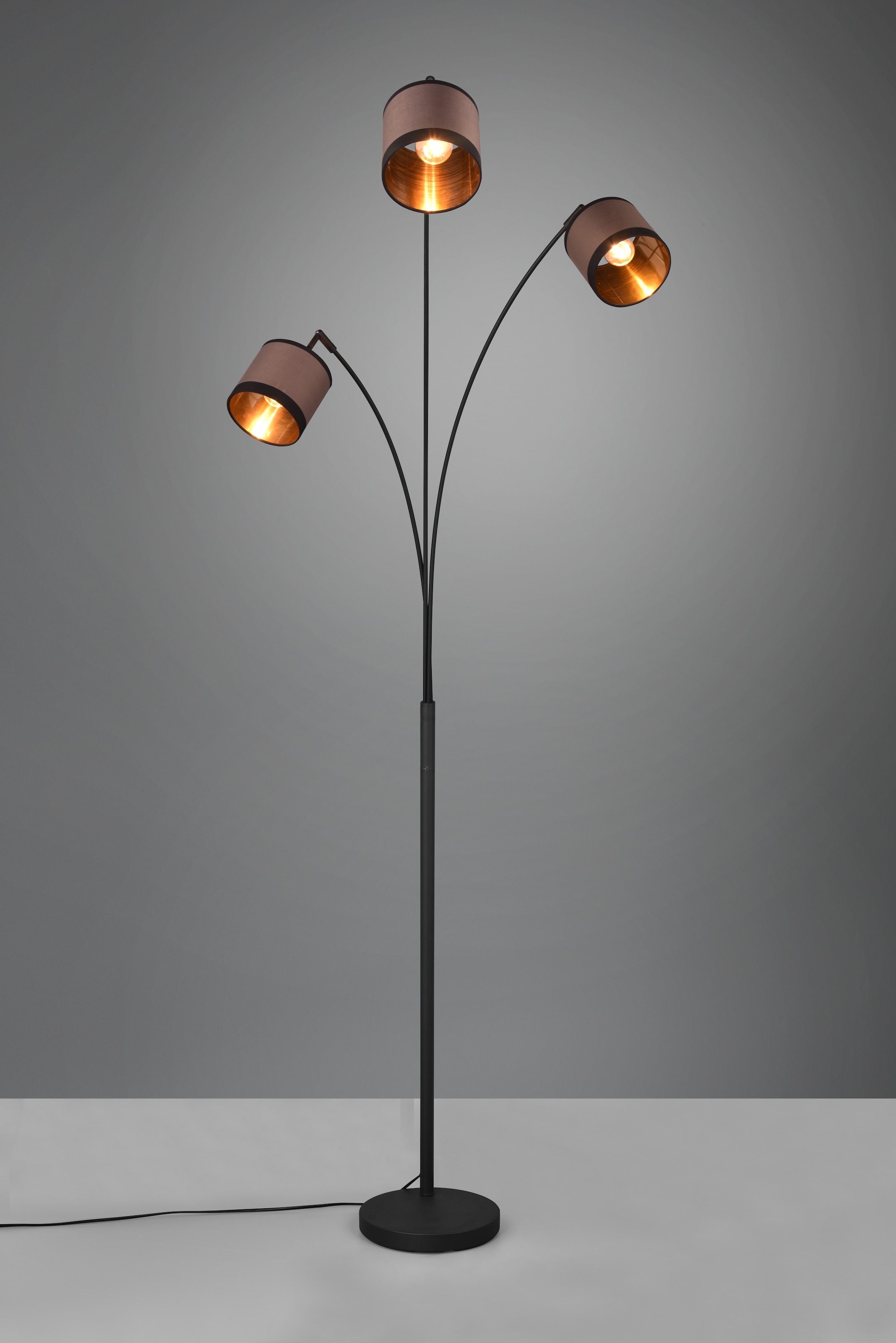 REALITY Leuchten Stehlampe »DAVOS, Stehleuchte 3-flammig exkl 3xE14 max 28W Fußschalter 185cm hoch«, 3 flammig, Leuchtmittel E14 | Leuchtmittel wechselbar, Stehlampe Metall mit 2-farbigen Stoffschirmen Bogenlampe Bogenleuchte