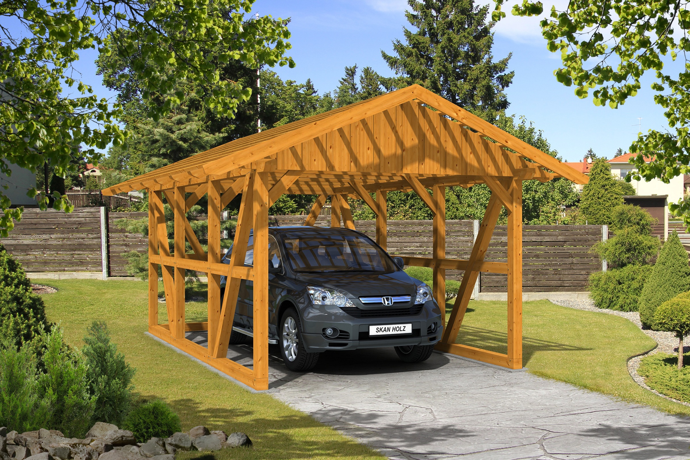 Skanholz Einzelcarport »Schwarzwald«, KVH-Fichte, 300 cm, Eiche hell, mit Rückwand, mit Dachlattung