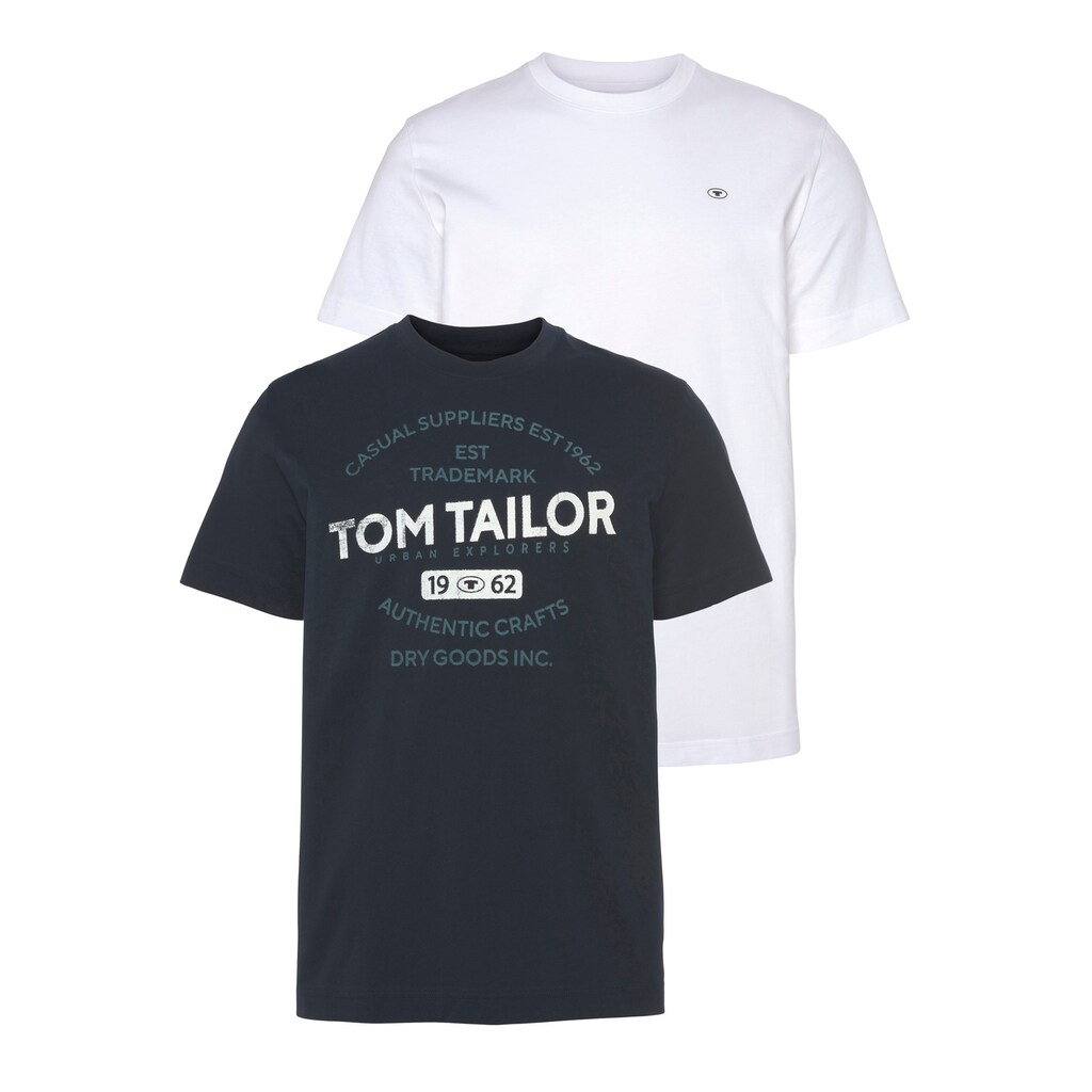 TOM TAILOR T-Shirt, (Packung, 2 tlg.), 1x mit großem Print 1x mit kleinem Logo auf der Brust