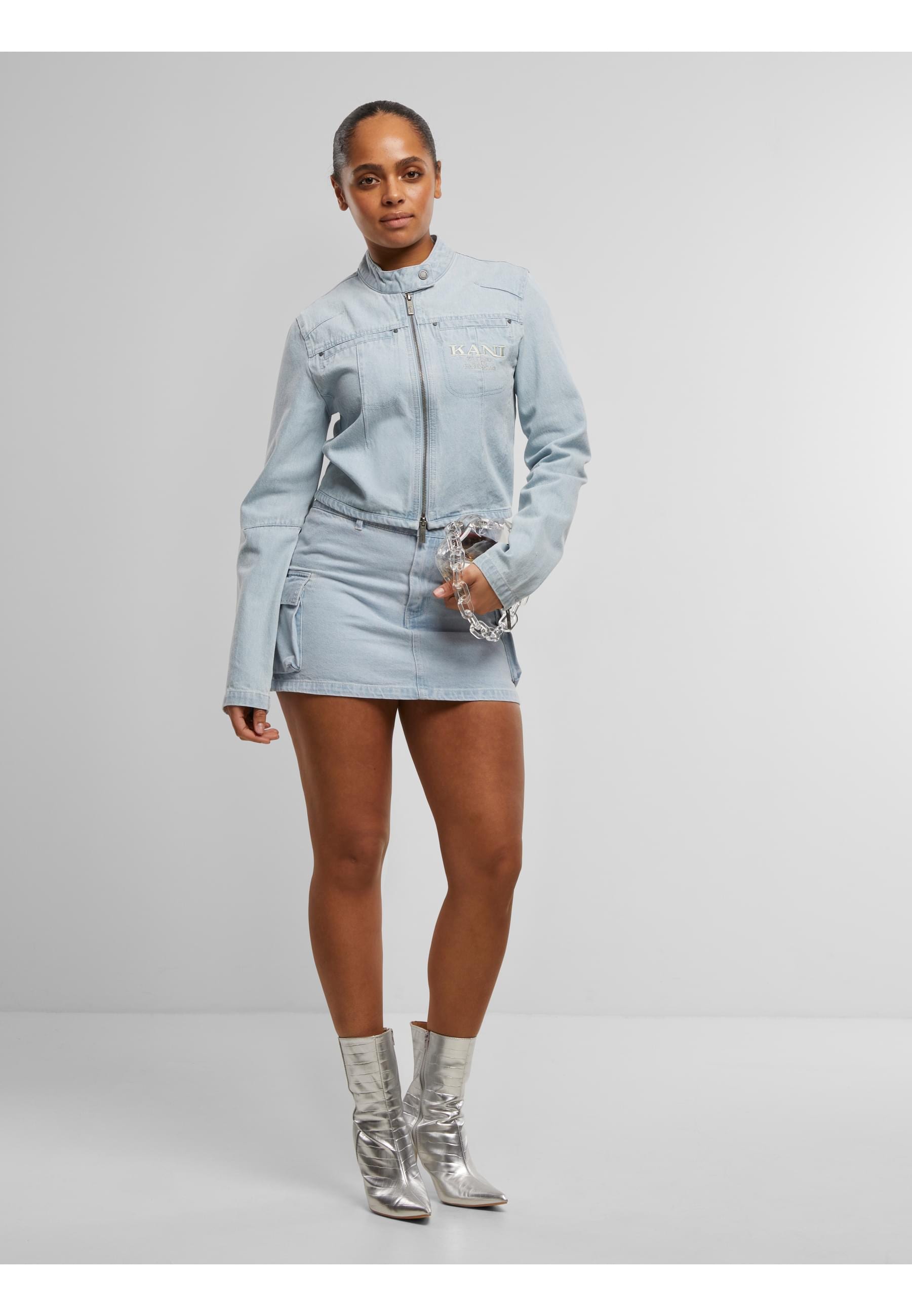 Karl Kani Allwetterjacke »Karl Kani Retro TM Denim Biker Jacket«, (1 St.), ohne Kapuze