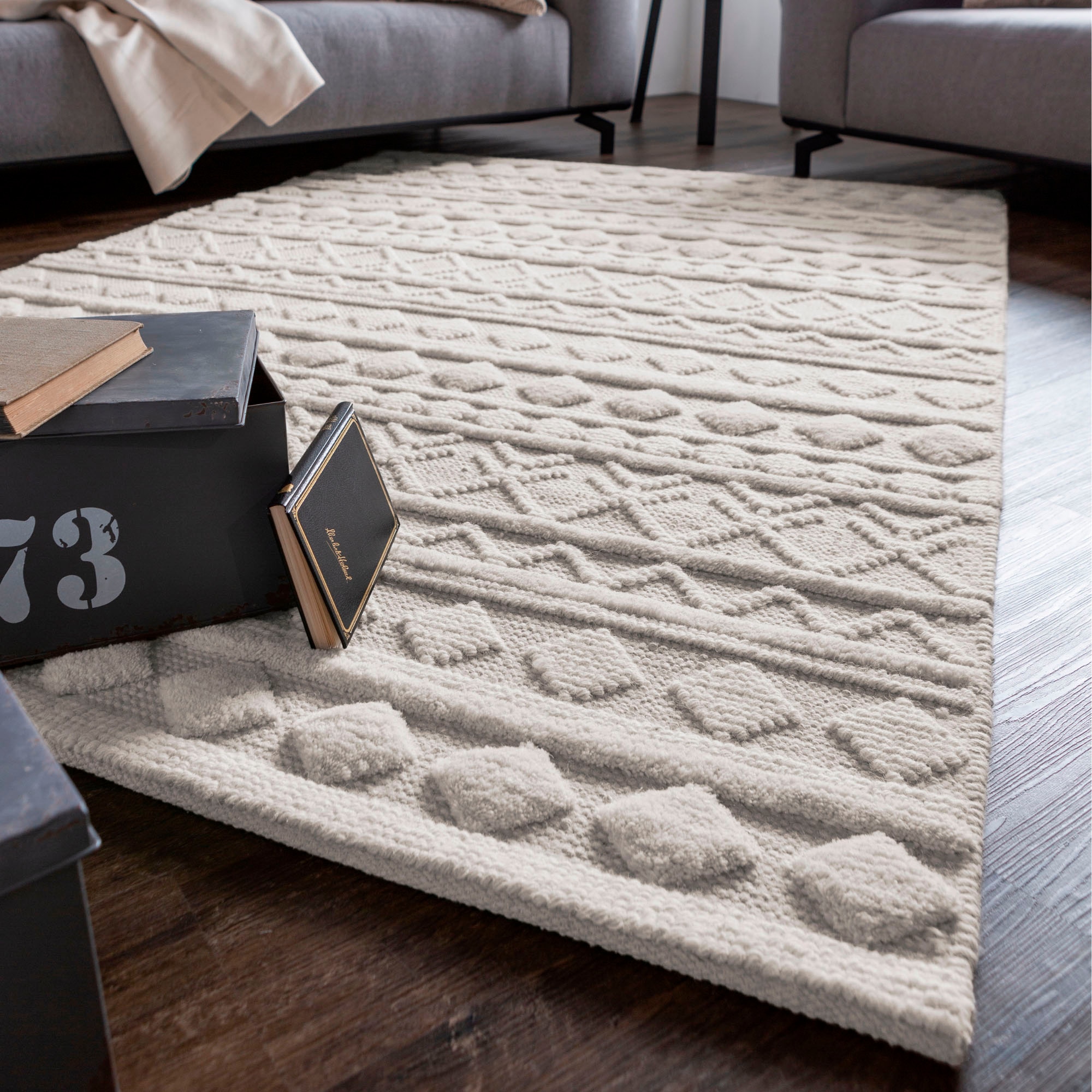 Wollteppich LUXOR LIVING "Hägga", beige (creme), B:70cm H:15mm L:140cm, Wolle, Teppiche, Handweb Teppich, reine Wolle, handgewebt, Hoch-Tief Struktur