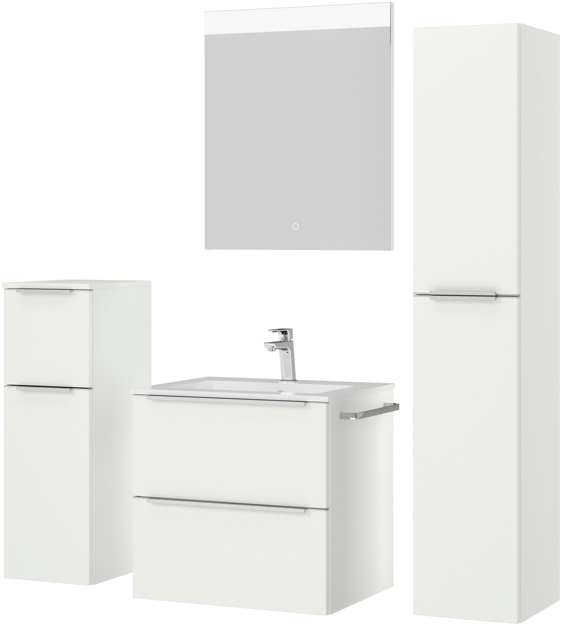 nobilia® Badmöbel-Set »Levere«, (4 St., vormontiert, mit Soft-Close), inkl. Spiegel mit Touch-Sensor, in vier Breiten