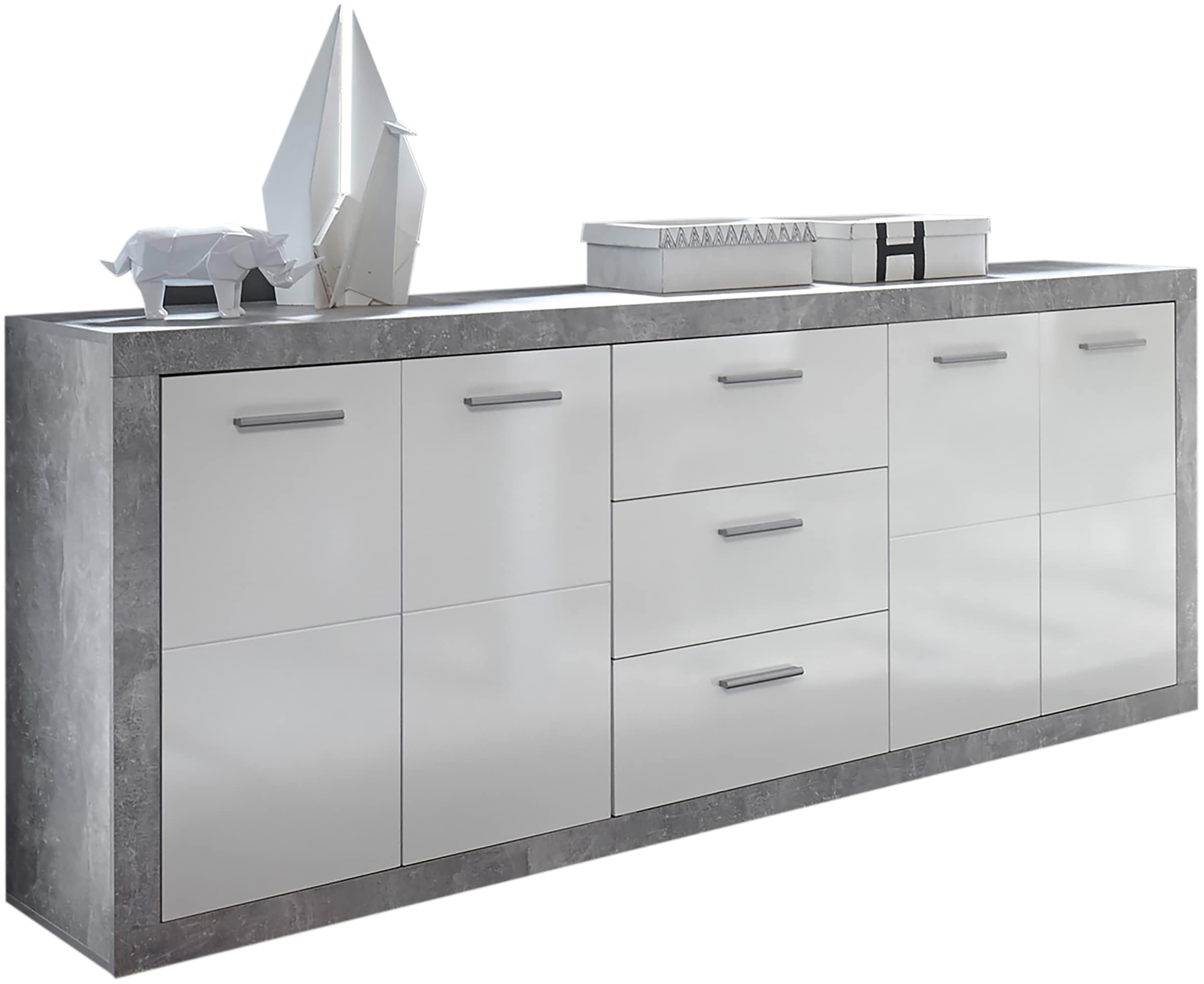 HBZ Sideboard »Stone weiß Hochglanz, Wohnzimmerschrank BxHxT 206x90x45 cm«, (1 St.), Mit 4 Türen, 3 geräumigen Schubkästen, 2 Einlegeböden verstellbar