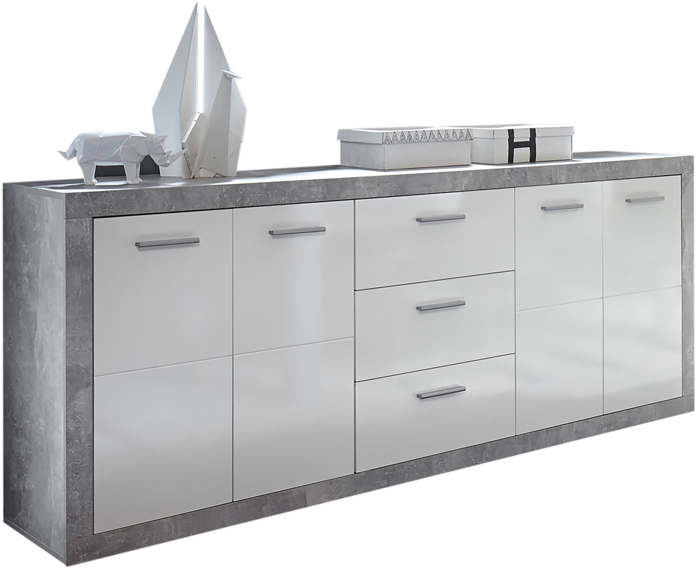 HBZ Sideboard "Stone weiß Hochglanz, Wohnzimmerschrank BxHxT 206x90x45 cm" günstig online kaufen