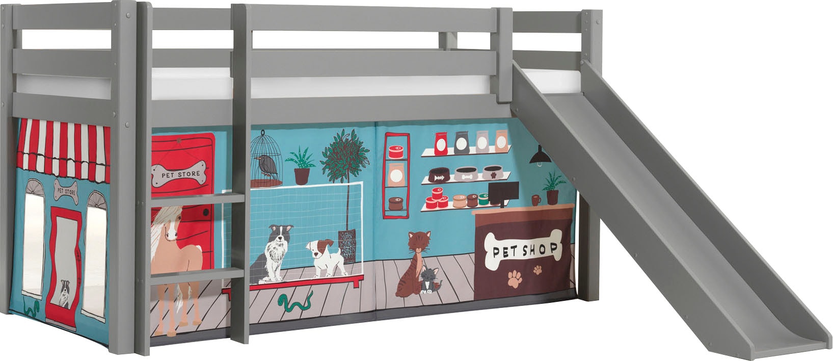Vipack Spielbett »Pino, Kiefer massiv, mit Rolllattenrost u. Textil-Set, Made in Europe«, (B/H/T ca. 210x114x218cm, mit Absturzschutz, Leiter und Rutsche), verschiedene Textil-Designs und Holzfarben zur Wahl