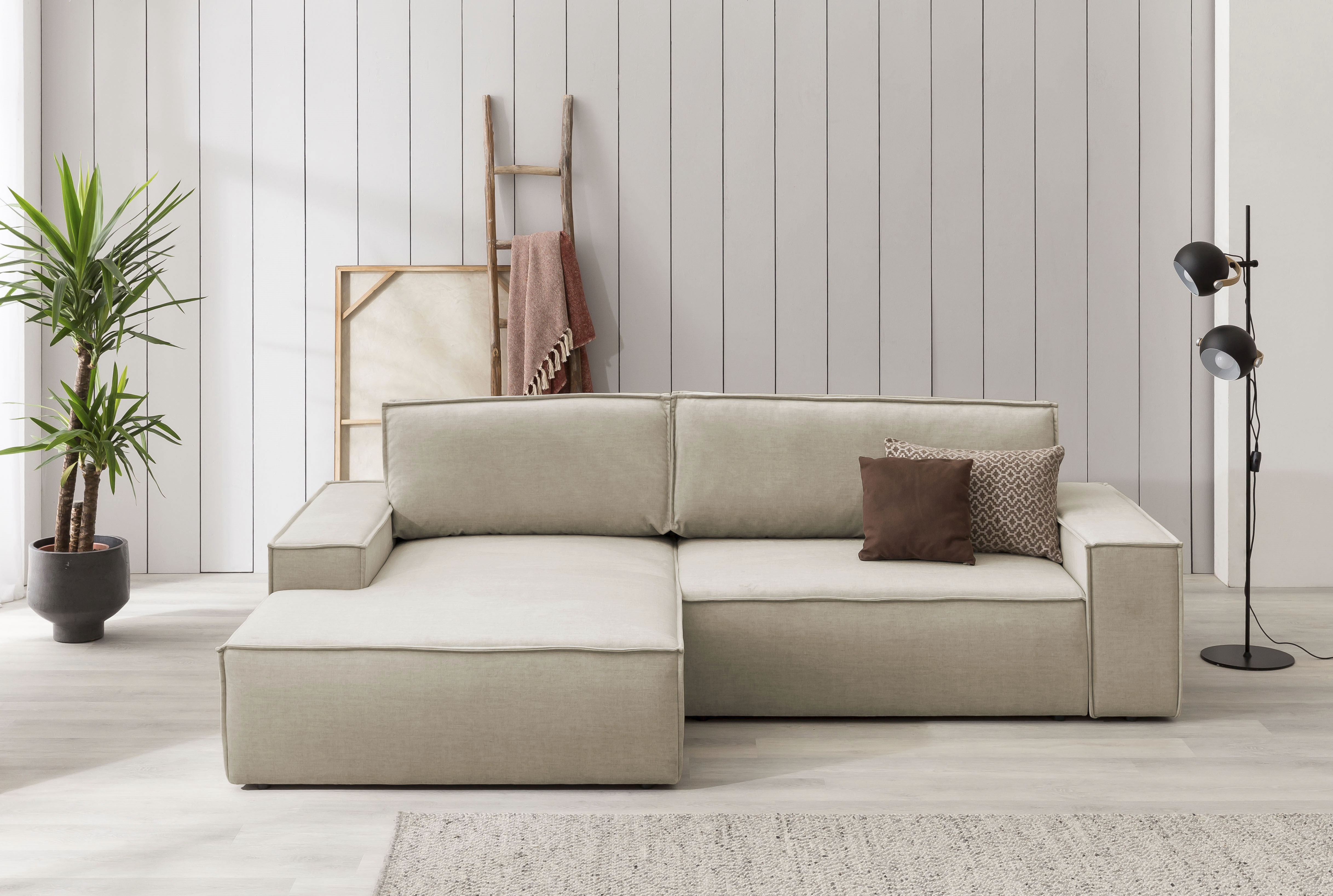 OTTO home Ecksofa "SHERWOOD Samtvelours L-Form, 267 cm - OTTO. Verlässliche Qualität." Schlaffunktion mit Bettkasten (210x136 cm), Cord, Vintage, Samtvelours