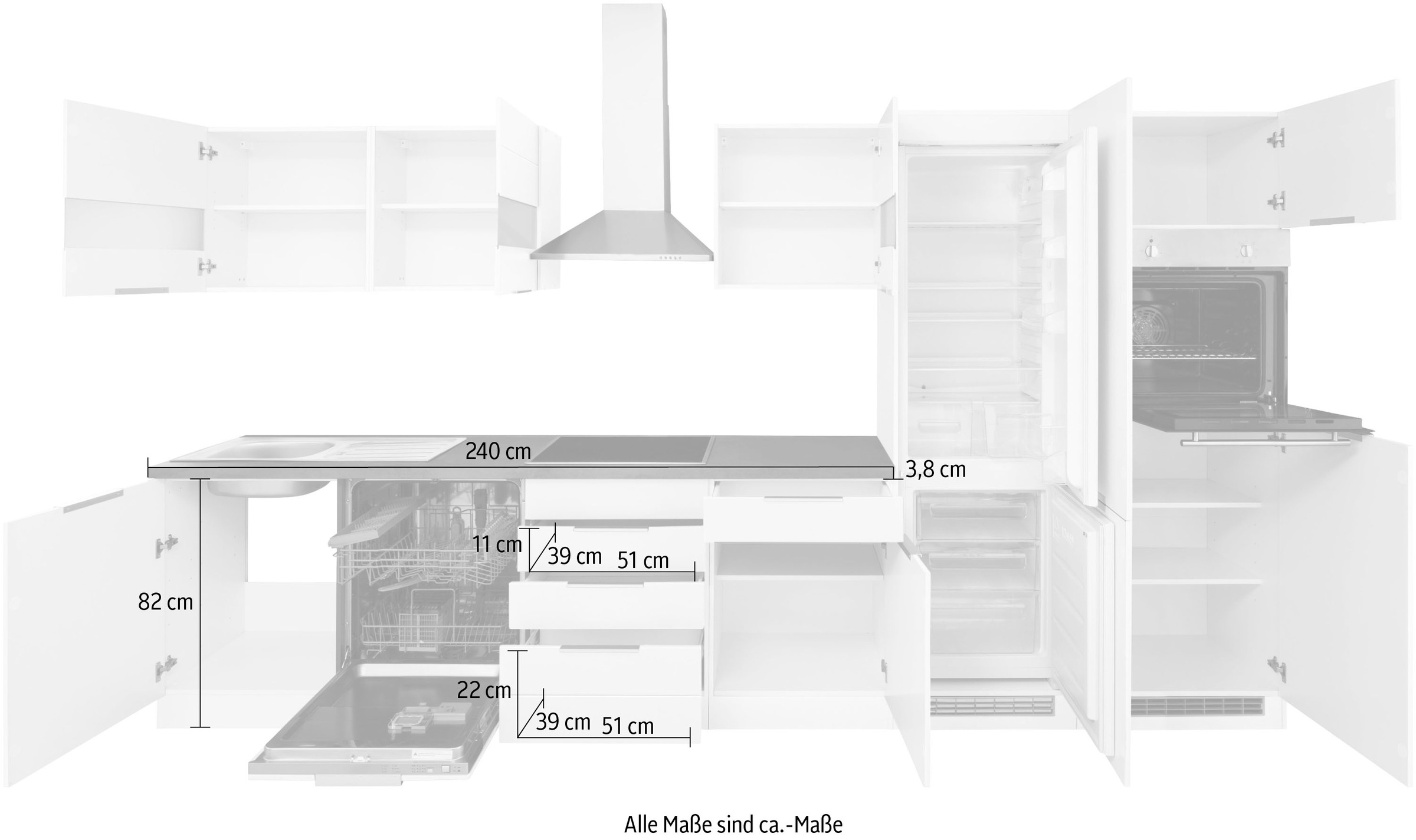 KOCHSTATION Küche »KS-Luhe«, 360 cm breit, wahlweise mit oder ohne E-Geräten, gefräste MDF-Fronten