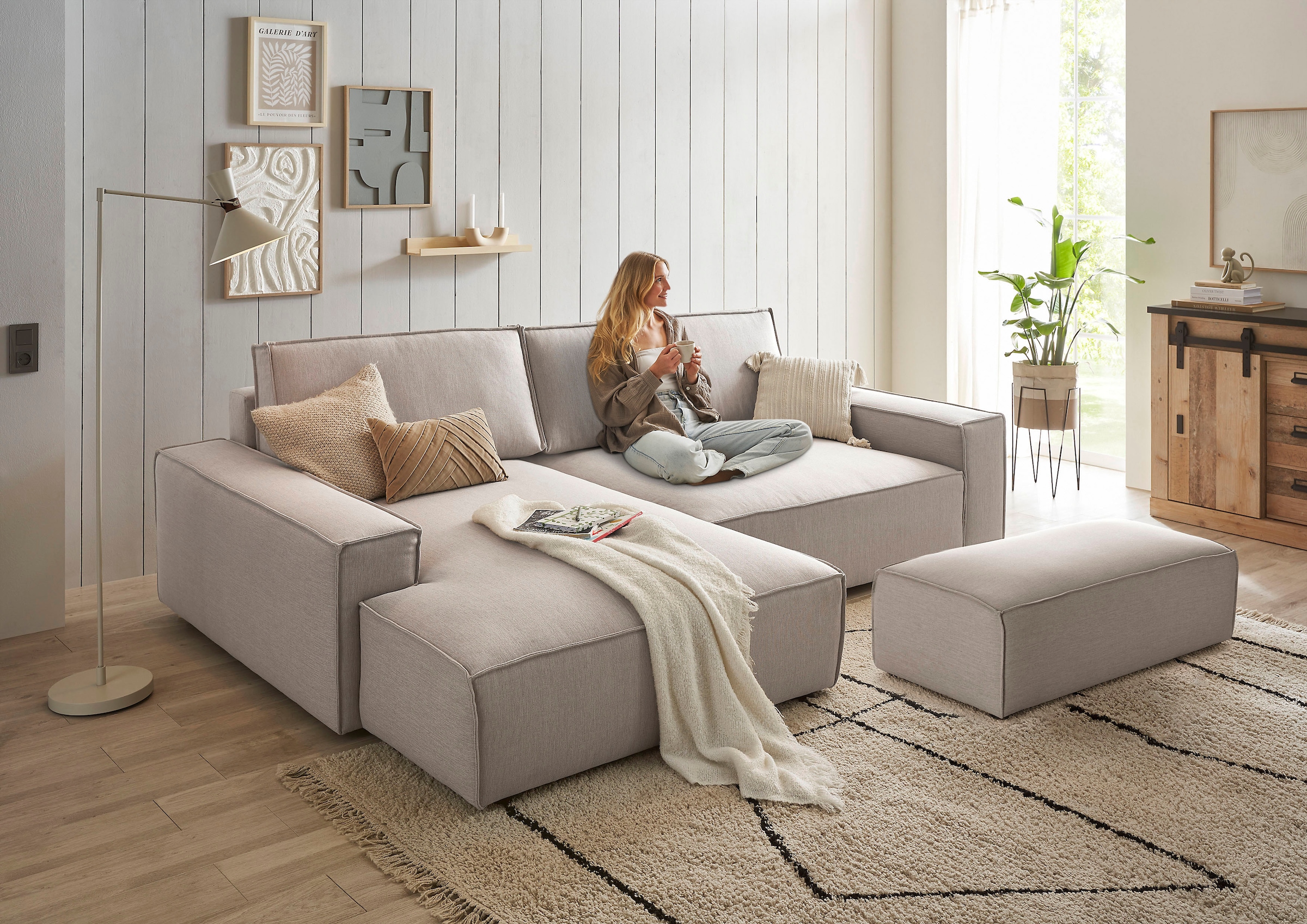 Home affaire Polsterecke »NEU: SHERWOOD XXL tief, L-Form mit Schlaffunktion, Big-Sofa mit Hocker«, (Set, 2 St.), stellbar zum Schlafsofa (Krokodilverbinder), Cord, Leinenoptik