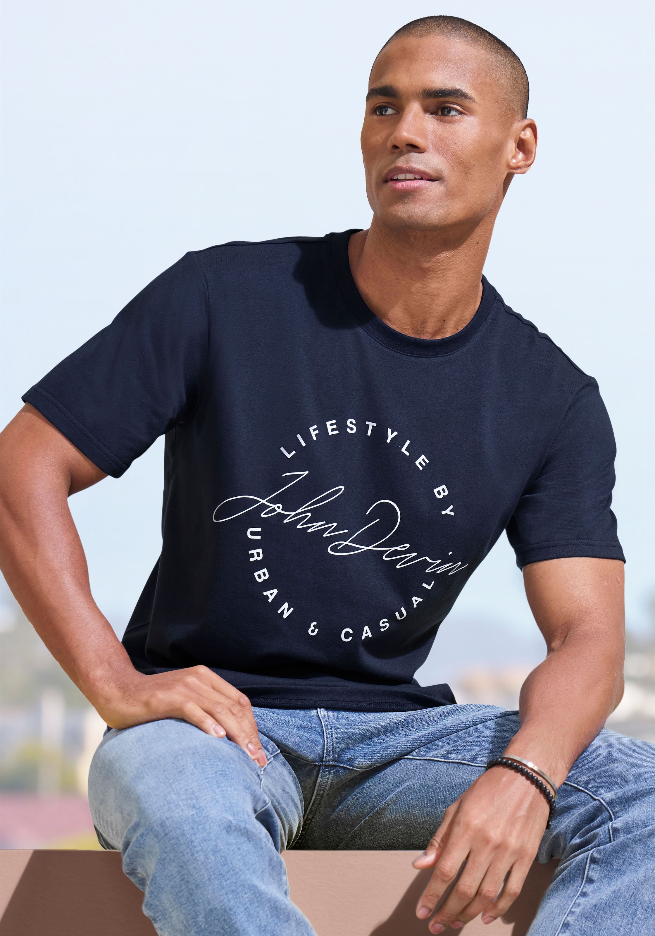 John Devin T-Shirt, Rundhalsshirt mit Print aus reiner Baumwolle günstig online kaufen