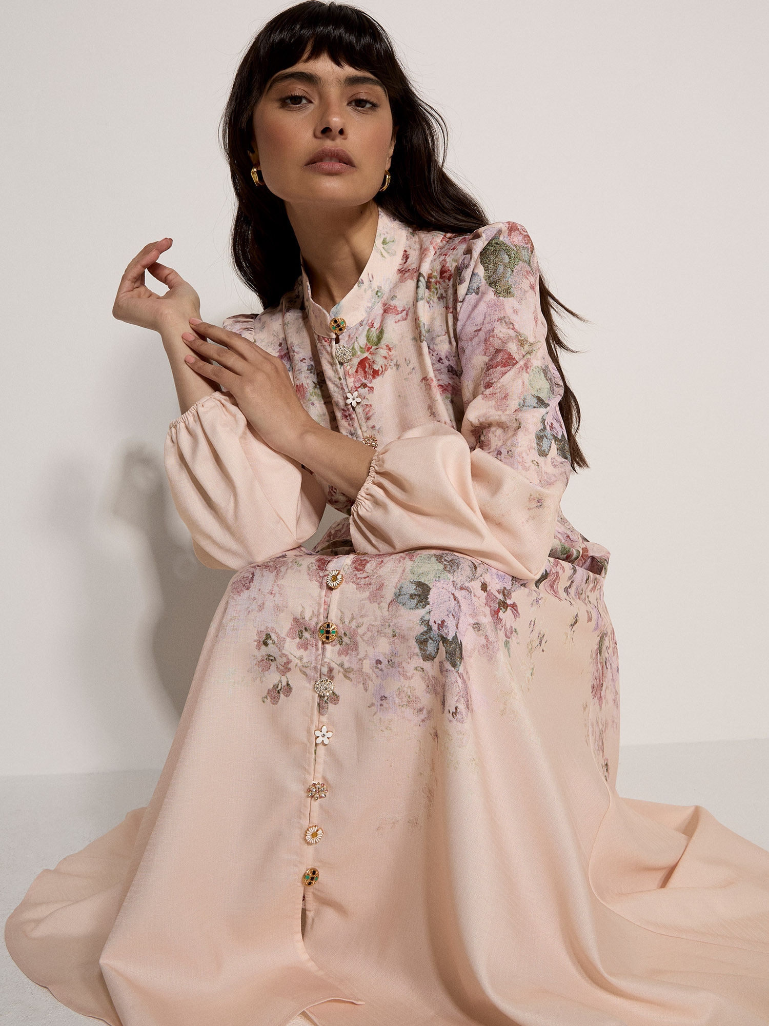 Apricot Hemdblusenkleid "Midi-Kleid" mit Vintage-Blumenmuster und Zierknöpfen