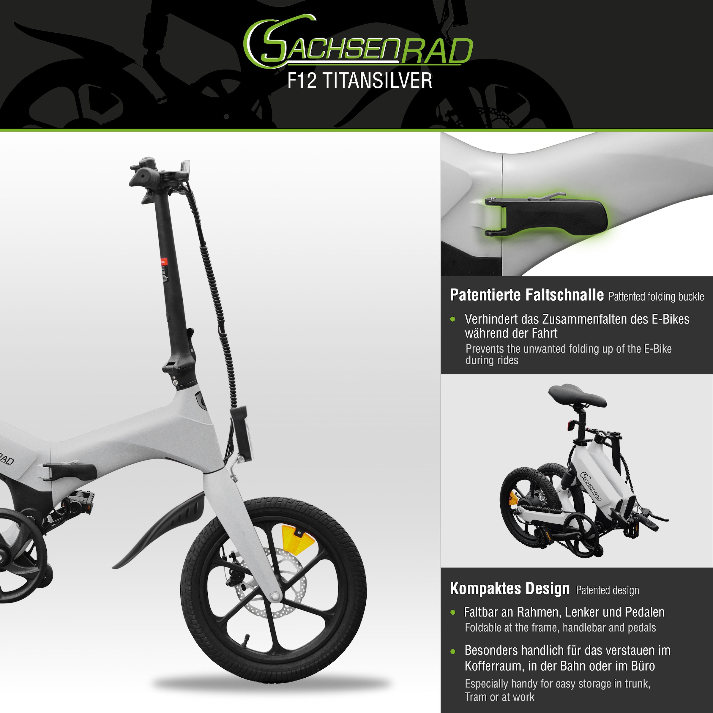 SachsenRad »F12« 1 Gang Shimano keine Schaltwerk ohne Schaltung Heckmotor 250 W LCD-Steuerdisplay, Fahrmodus Pedelec, 
LED-Frontlicht, LED Rücklicht