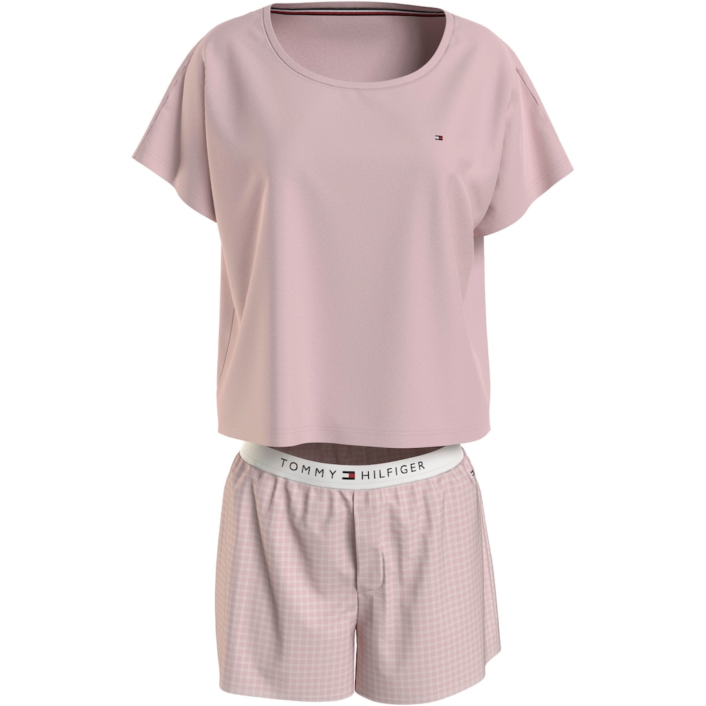 Tommy Hilfiger Underwear Shorty »SS JERSEY PJ SET«, (Set, 2 tlg., Shirt+Shorts), Shirt uni, Shorts kariert, Logoschriftzug