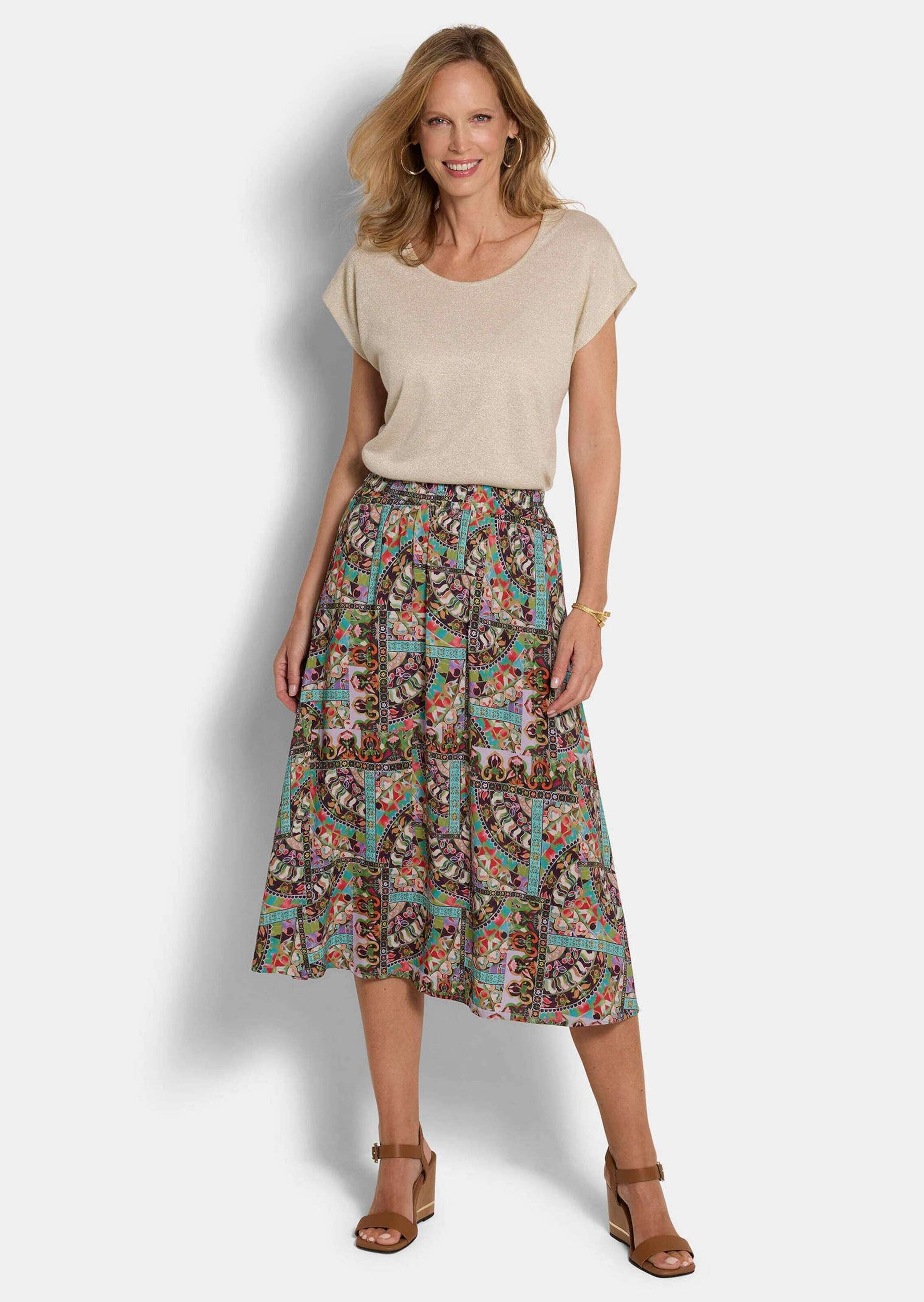 GOLDNER Midirock »Viskoserock mit Patch-Druck« Nahttaschen an der Seite