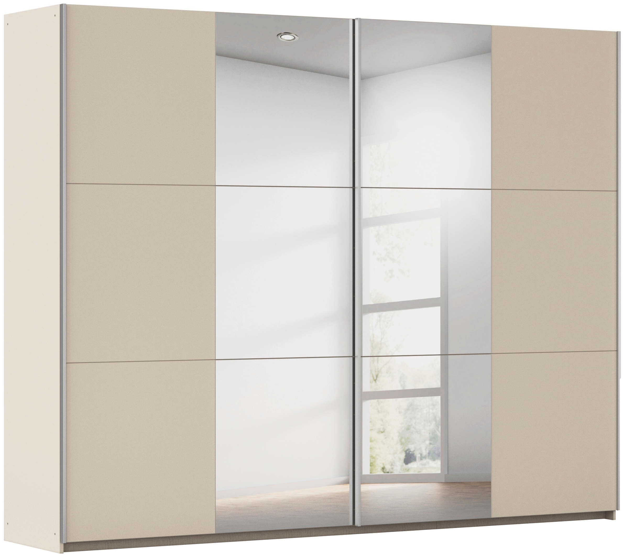 rauch Schwebetürenschrank "Kleiderschrank Drehtürenschrank Schrank Garderobe KRONACH" in 3 Ausstattungen BASIC/CLASSIC/PREMIUM, Breiten 131/175/218/261 cm, optional ohne, mit 1 oder 2 Spiegel, viel Stauraum MADE IN GERMANY