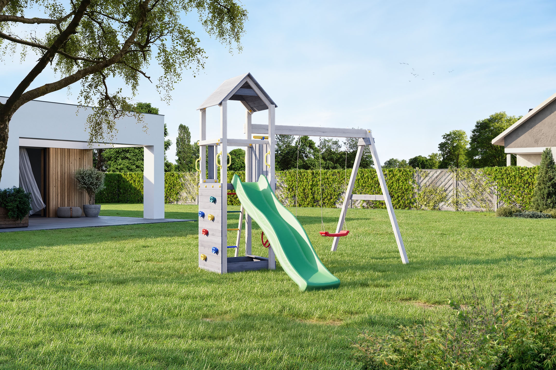 FUNGOO Spielturm »FLAPPI« mit Rutsche, Doppelschaukel, Kletterwand, Teleskop, Lenkrad