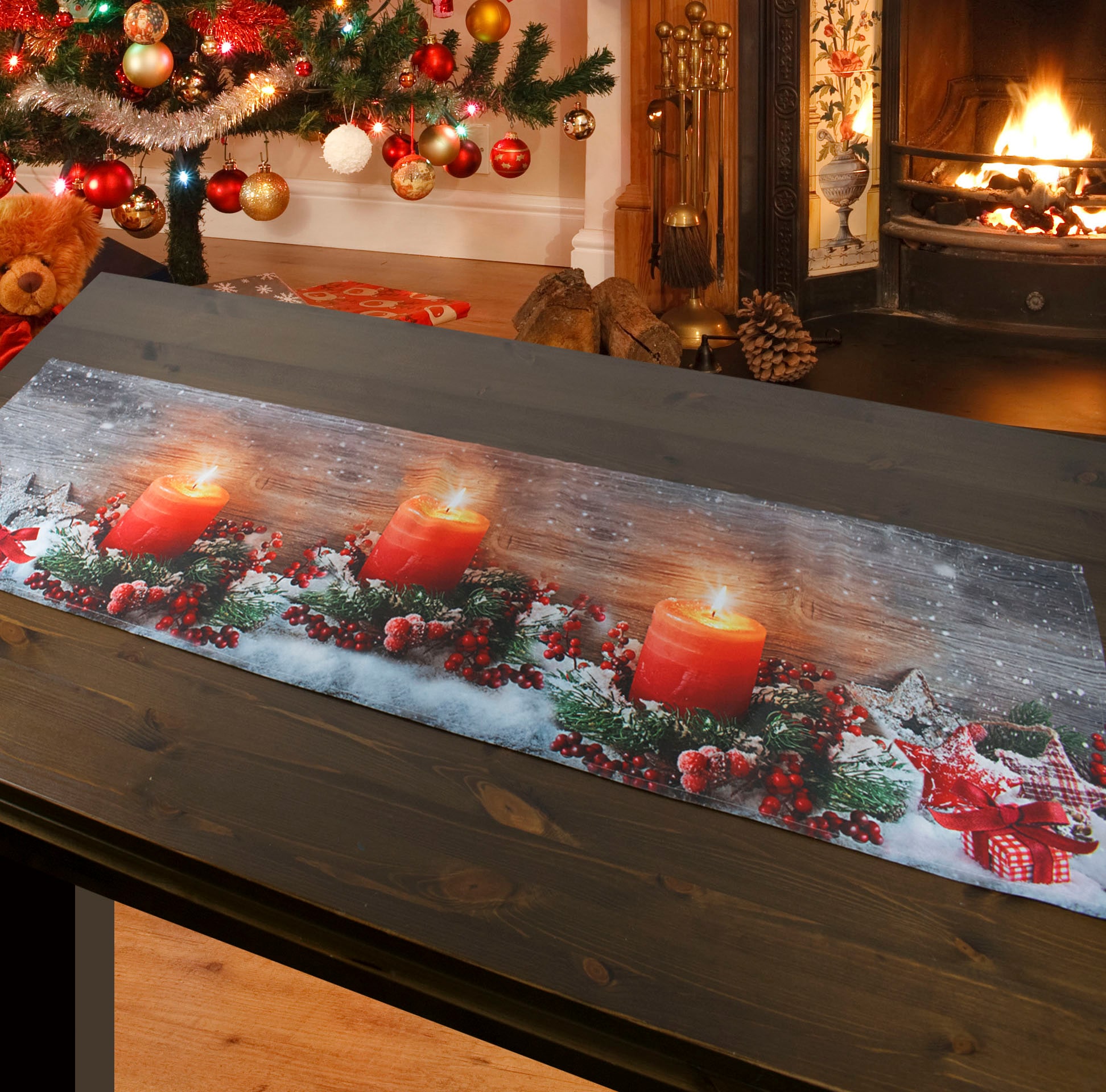 Delindo Lifestyle Tischläufer »Kerzenschein«, gedrucktes bestellen BAUR Design, blickdichter LED-Beleuchtung Stoff, | mit