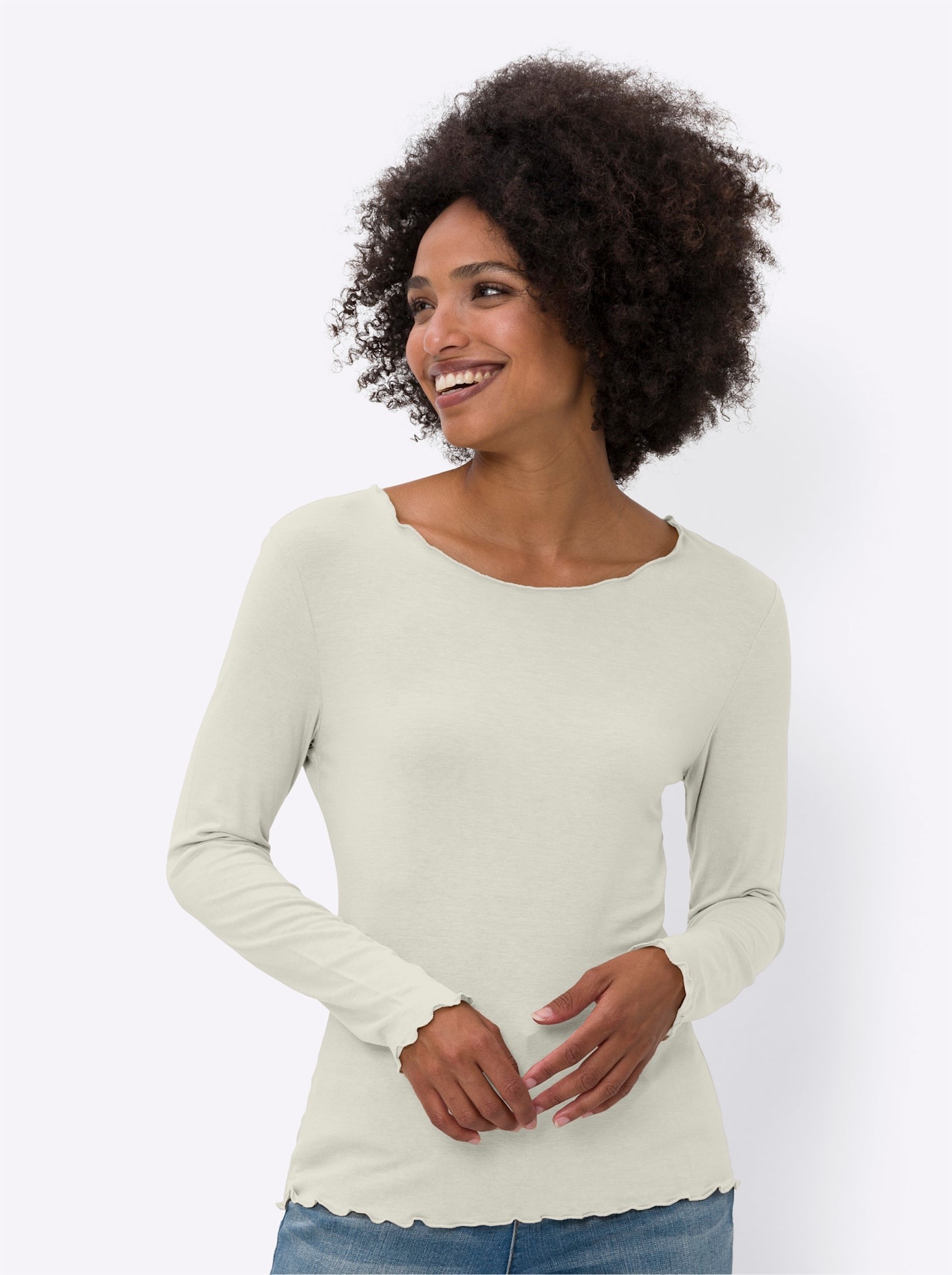 Langarmshirt HEINE "Doppelpack Shirts", Damen, Gr. 40, beige (beige, ecru), 95% Viskose, 5% Elasthan, unifarben, Rundhals, Shirts Langarmshirt, Topseller 2