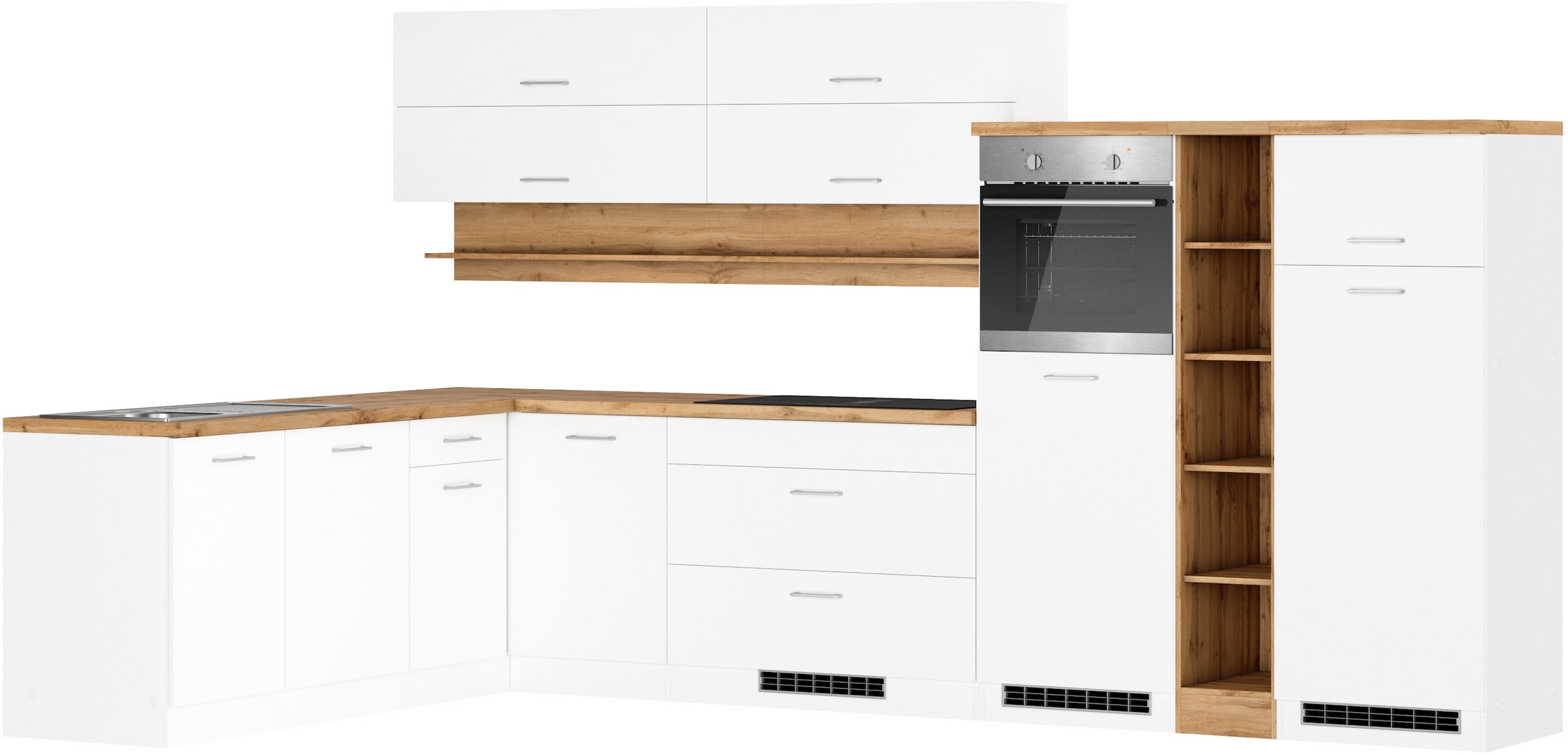 KOCHSTATION Winkelküche "KS-Milan, optional mit Muldenlüfter" Stellbr.360/220 cm, wahlweise mit E-Geräten, Kochfeld mit Dunstabzug
