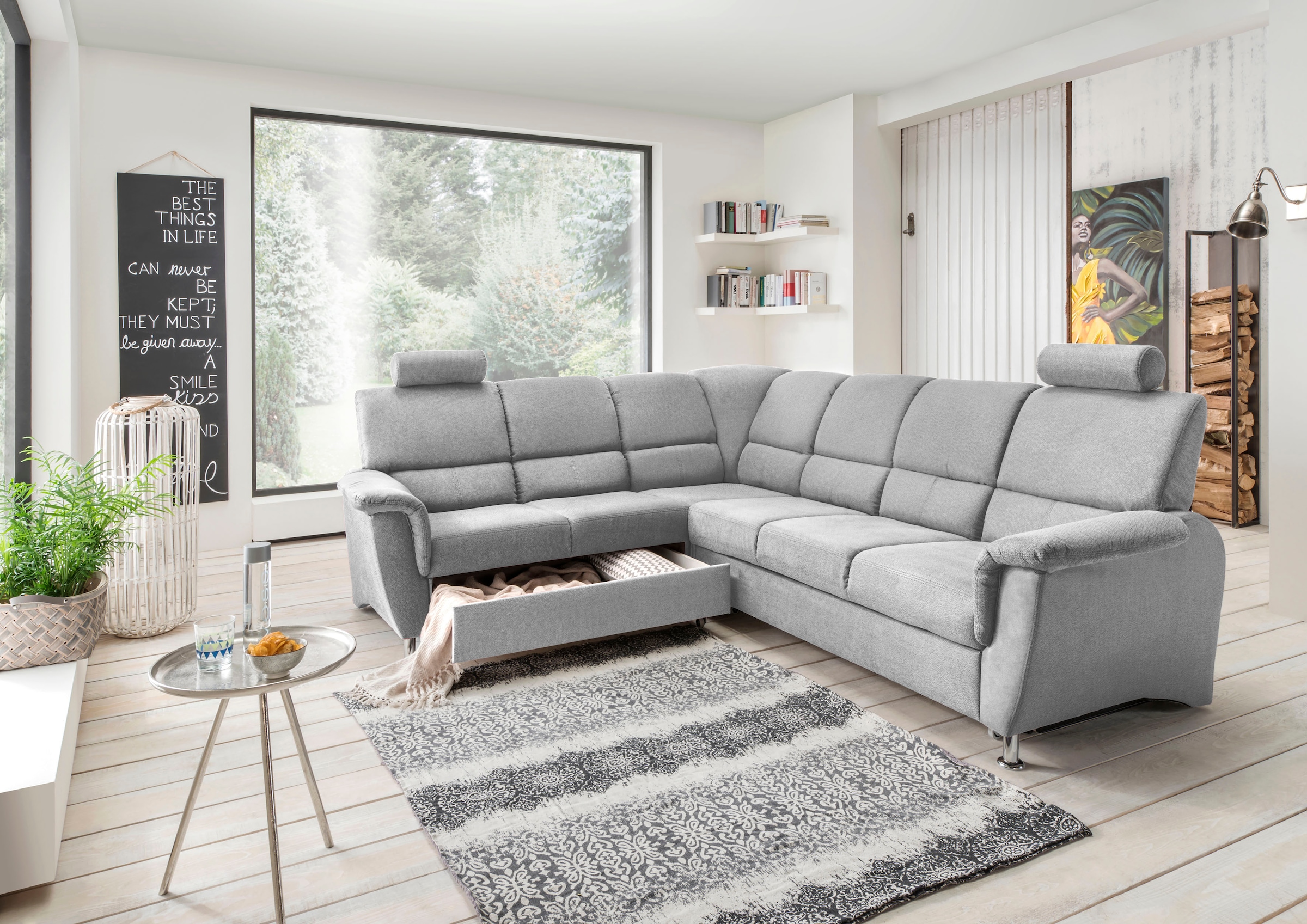 Home affaire Ecksofa »Pisa L-Form, mit Schlaffunktion, Stauraum, 2x höhenverstellbare«, Kopfstützen und Relaxfunktion im Eckelement