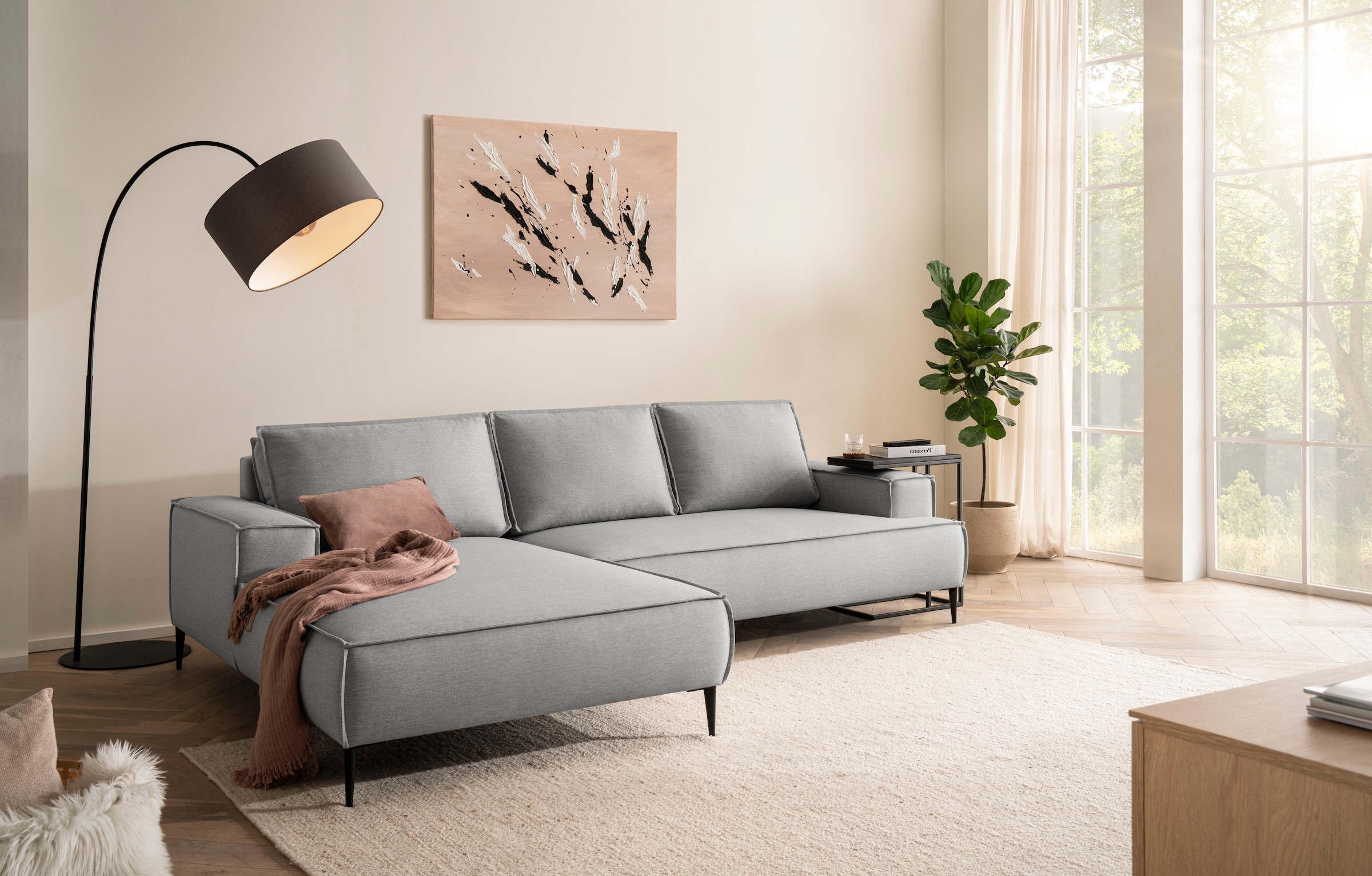 andas Ecksofa »TVINNU, L-Form, 275cm, in Cord und Flachgewebe«, wahlweise Recamiere rechts/links, schwarze Füße, bequemer Sitzkomfort