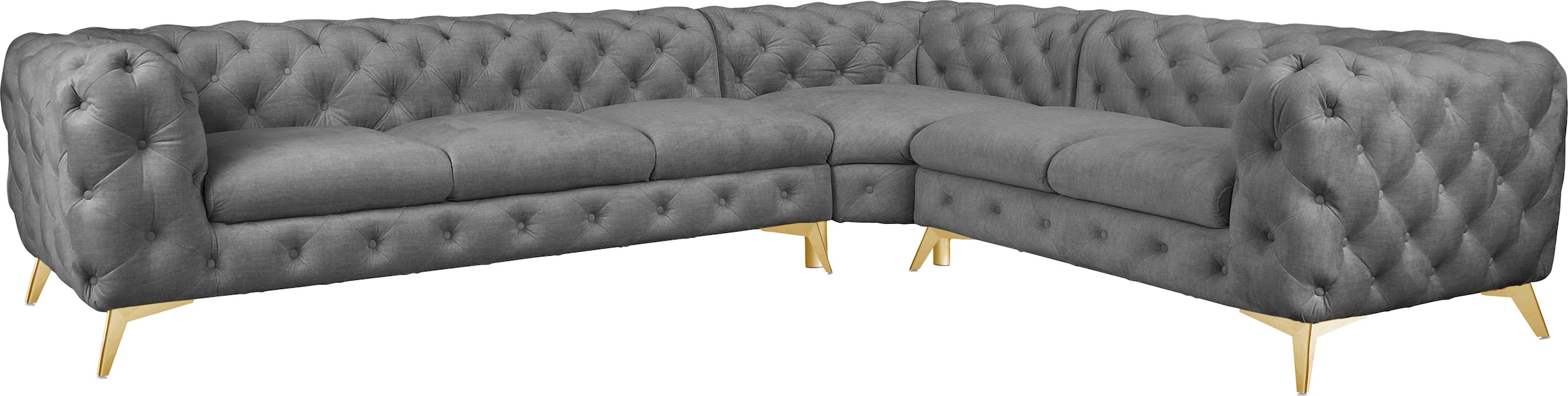 Leonique Chesterfield-Sofa »Ecksofa GLYNIS L-Form mit Wellenunterfederung, Maße B/T/H 323/264/75cm«, aufwändige Knopfheftung, moderne Chesterfield Optik, Fußfarbe wählbar