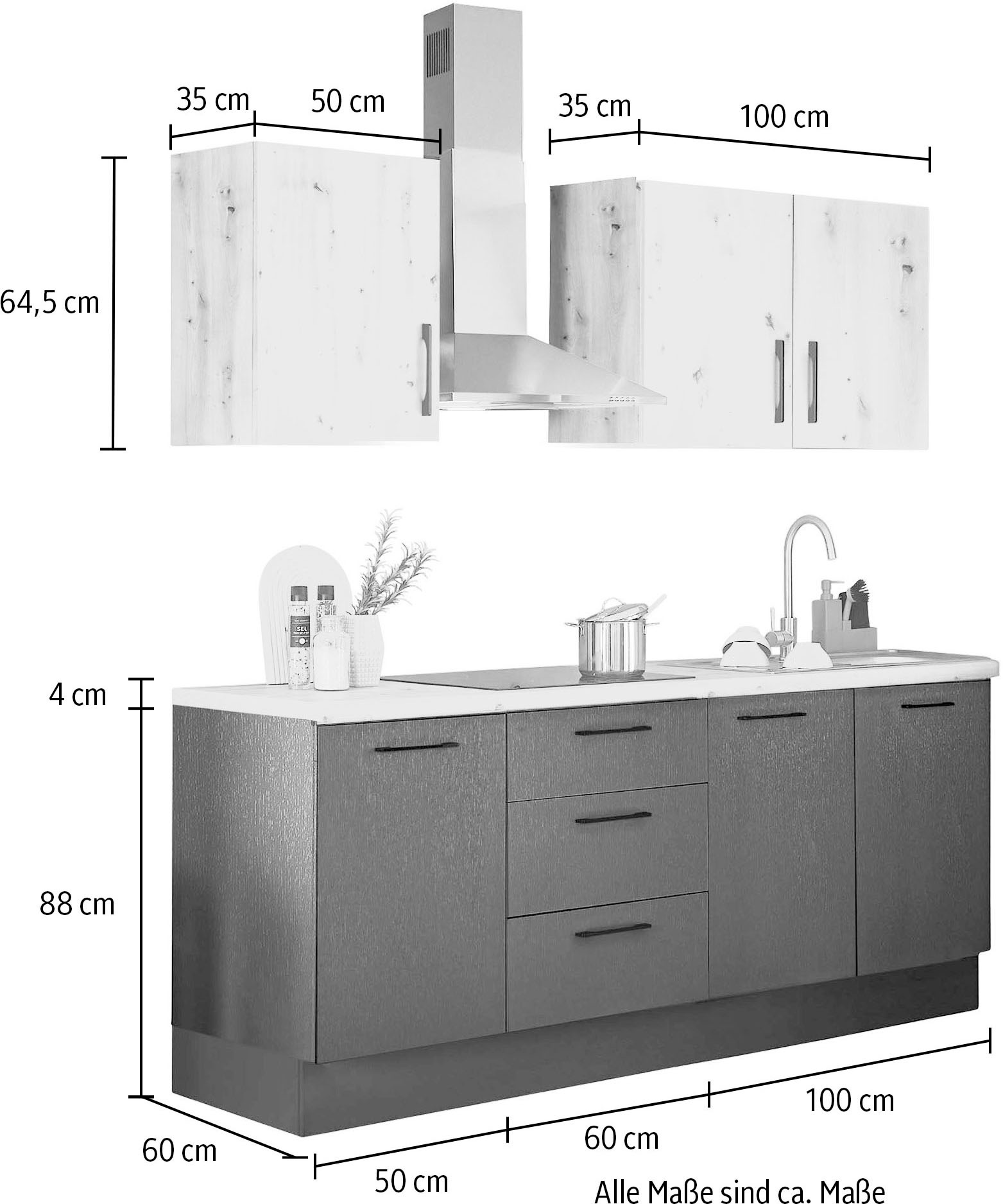 BASIC by Balculina Küchenzeile »Turin«, Breite 210 cm, ohne E-Geräte, mit Soft-Close-Funktion