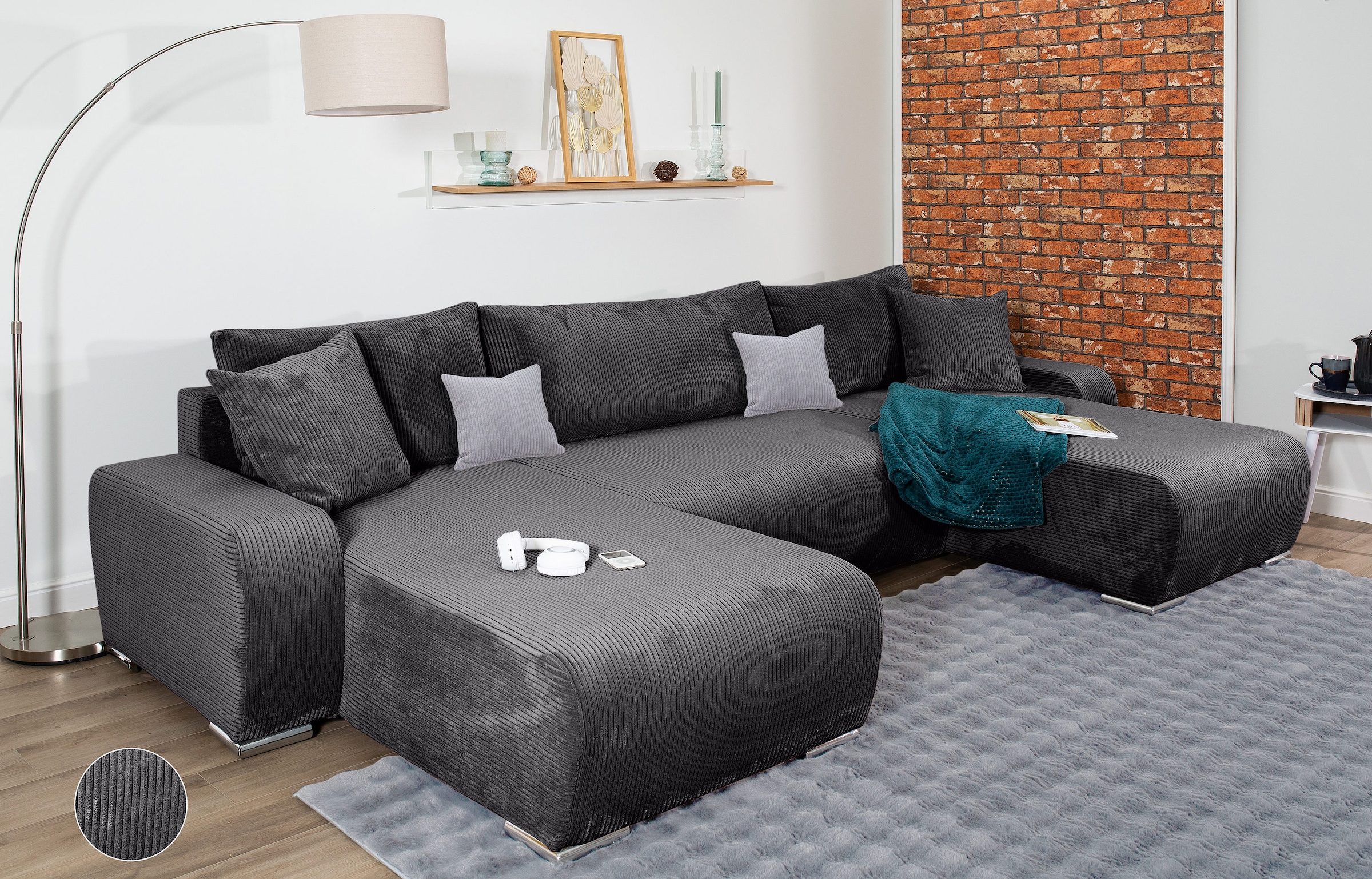 COLLECTION AB Wohnlandschaft »Paola U-Form«, mit Schlaffunktion, Stauraum, Zierkissen und Bonnellfederkern, Cord