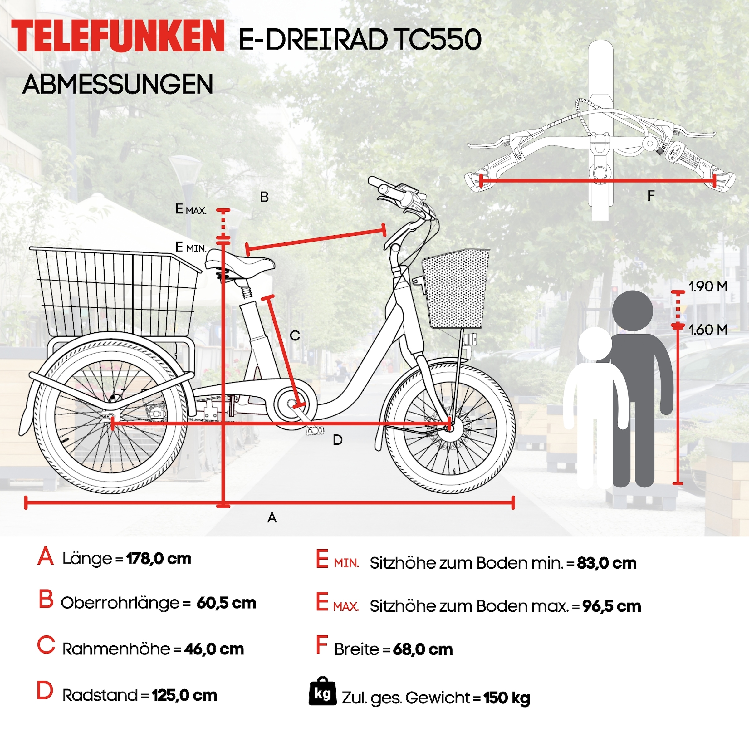 Telefunken »TC550« 3 Gang Shimano Nexus Schaltwerk Nabenschaltung Frontmotor 250 W tiefer Einstieg, Pedelec, inkl. Einkaufskorb