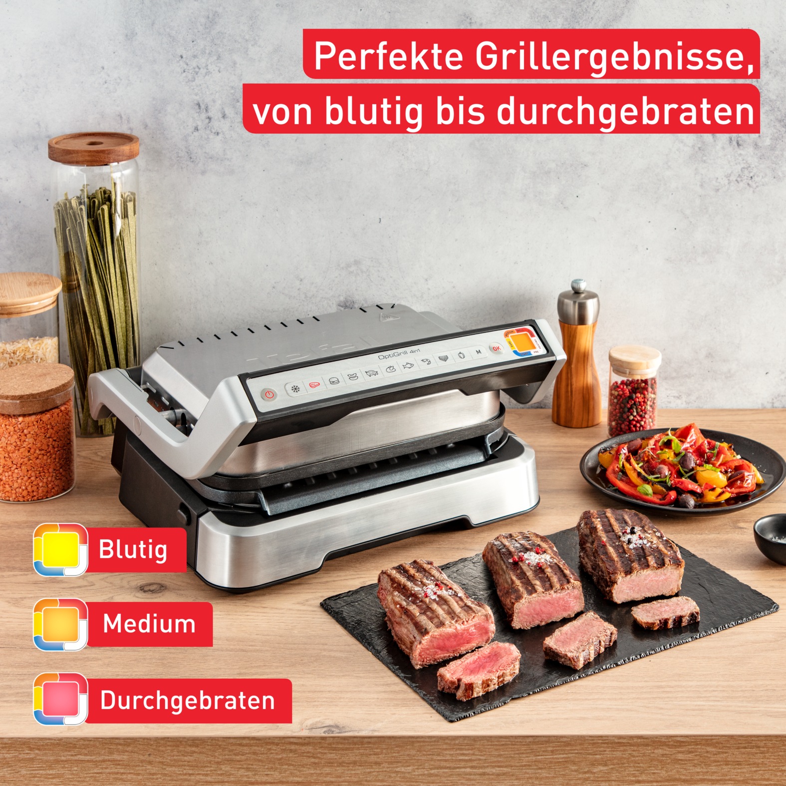 Kontaktgrill TEFAL "GC774HP OptiGrill 4in1", silber (silberfarben), B:29cm H:41,2cm T:46,6cm, Kontaktgrill_Standgrill_Tischgrill_Teppanyakigrill, inkl. Backschale, aufklappbar. Gratis: Hamburger Presse 3