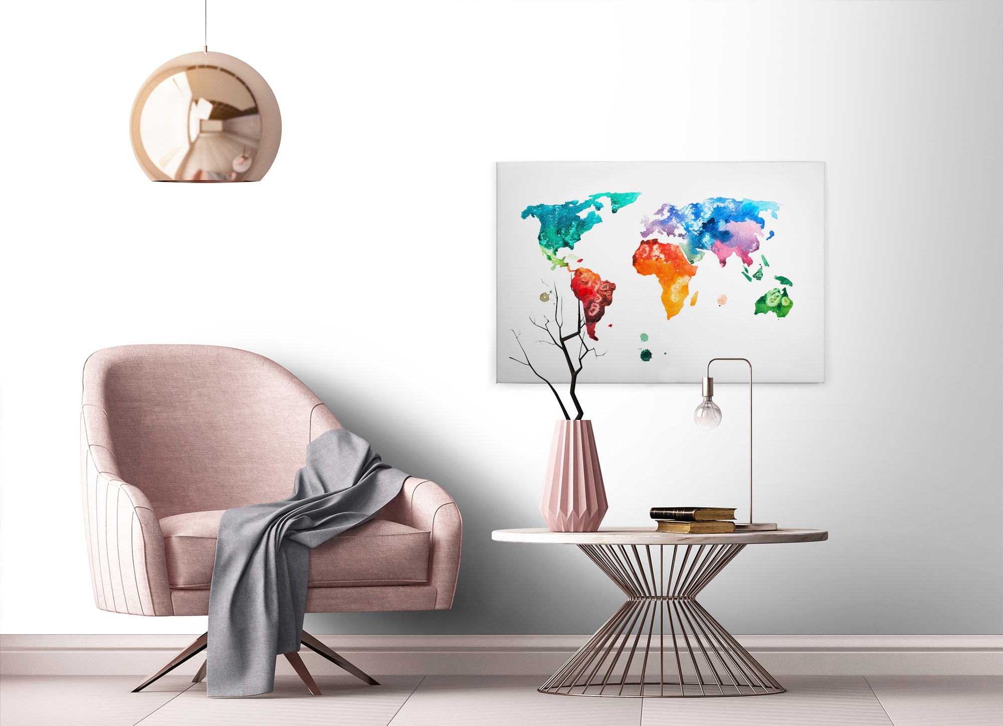 A.S. Création Leinwandbild »Colourful World«, Kunst-Weltkarte-Kinder, (1 St.), Atlas Weltkarte Bunt Aquarell Keilrahmen Leinwand-Bild Wohnzimmer Wand